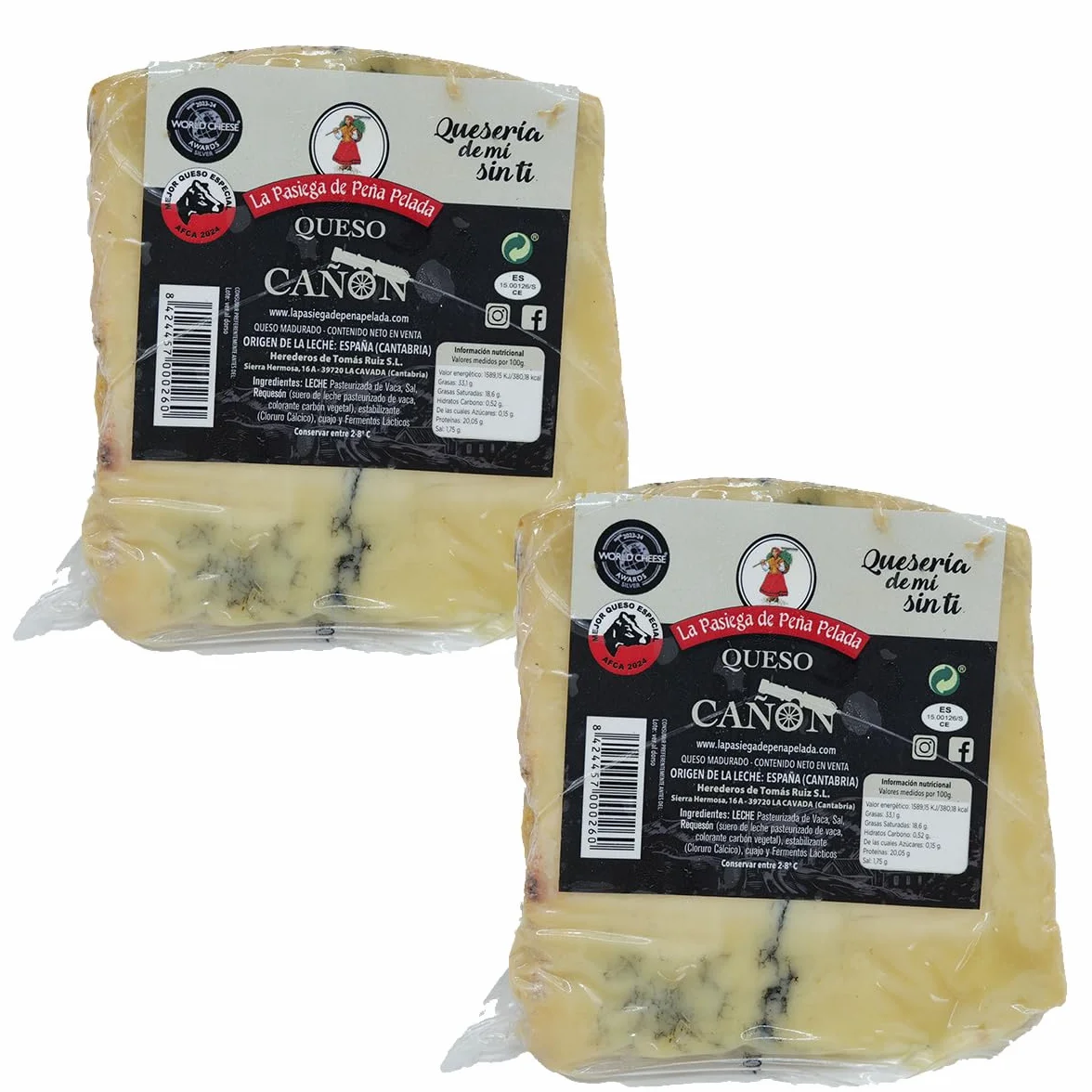 Queso Cañón PACK 2 Cuñas 300 g Al vacío Suave Mantecoso Cremoso Ceniza Vegetal