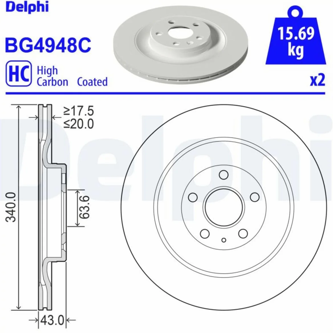 Delphi Discos de freno traseros ventilados 2 x 340 mm | Bg4948C