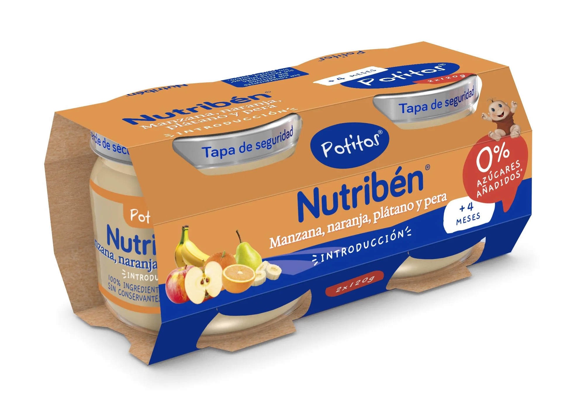 Nutribén Potitos pack Merienda Manzana Naranja Plátano Pera Sin almidones 4 meses 3 bipacks 6x120gr