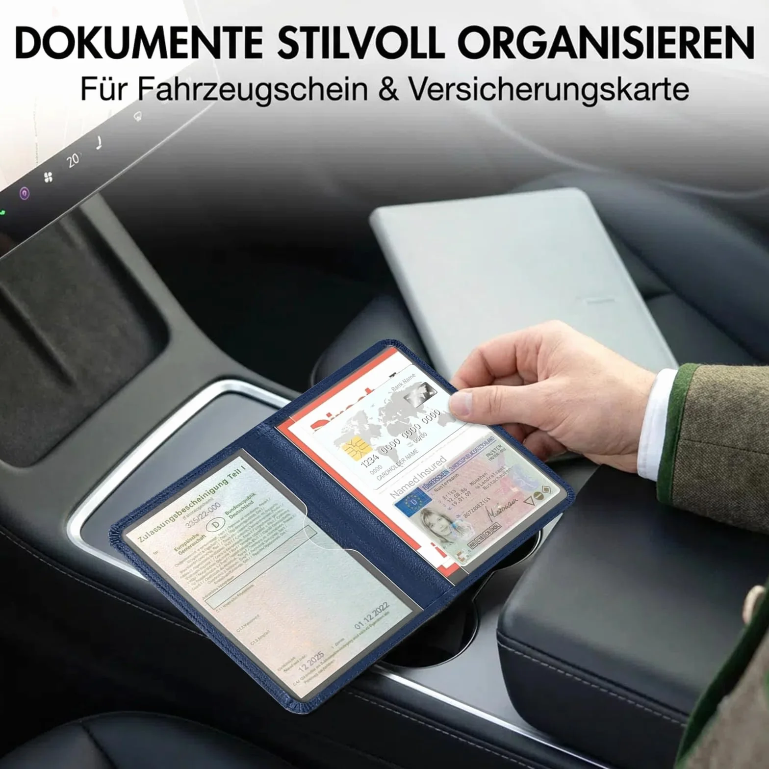 Caweet Soporte para registro de coche y seguro – Organizador de guantera de coche – Portadocumentos de cuero para carné de conducir, carné de identidad y tarjetas, azul-1