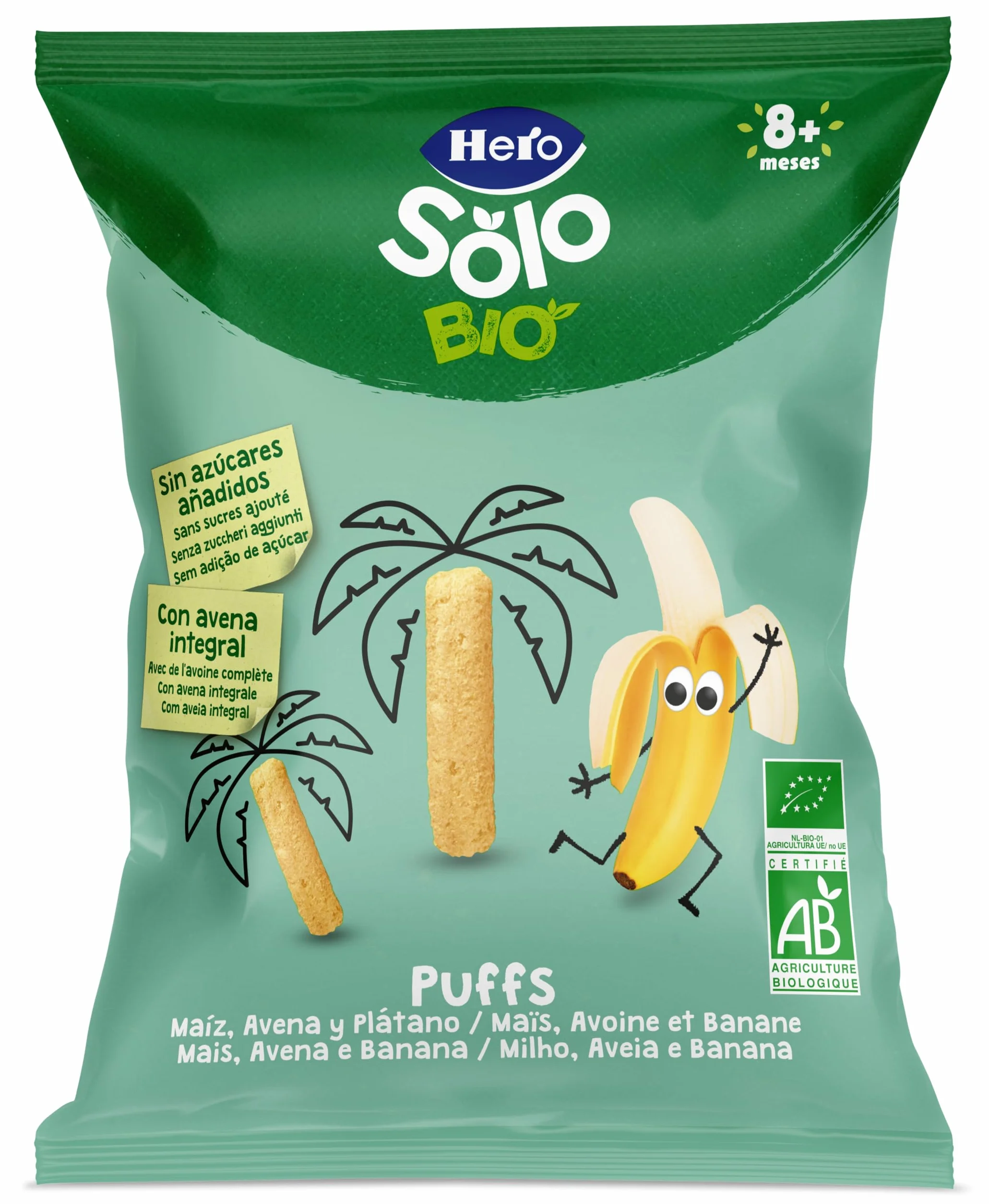 Hero Solo Bio Snack Infantil Ecológico Puffs de Maíz Avena y Plátano 25g x 5uds