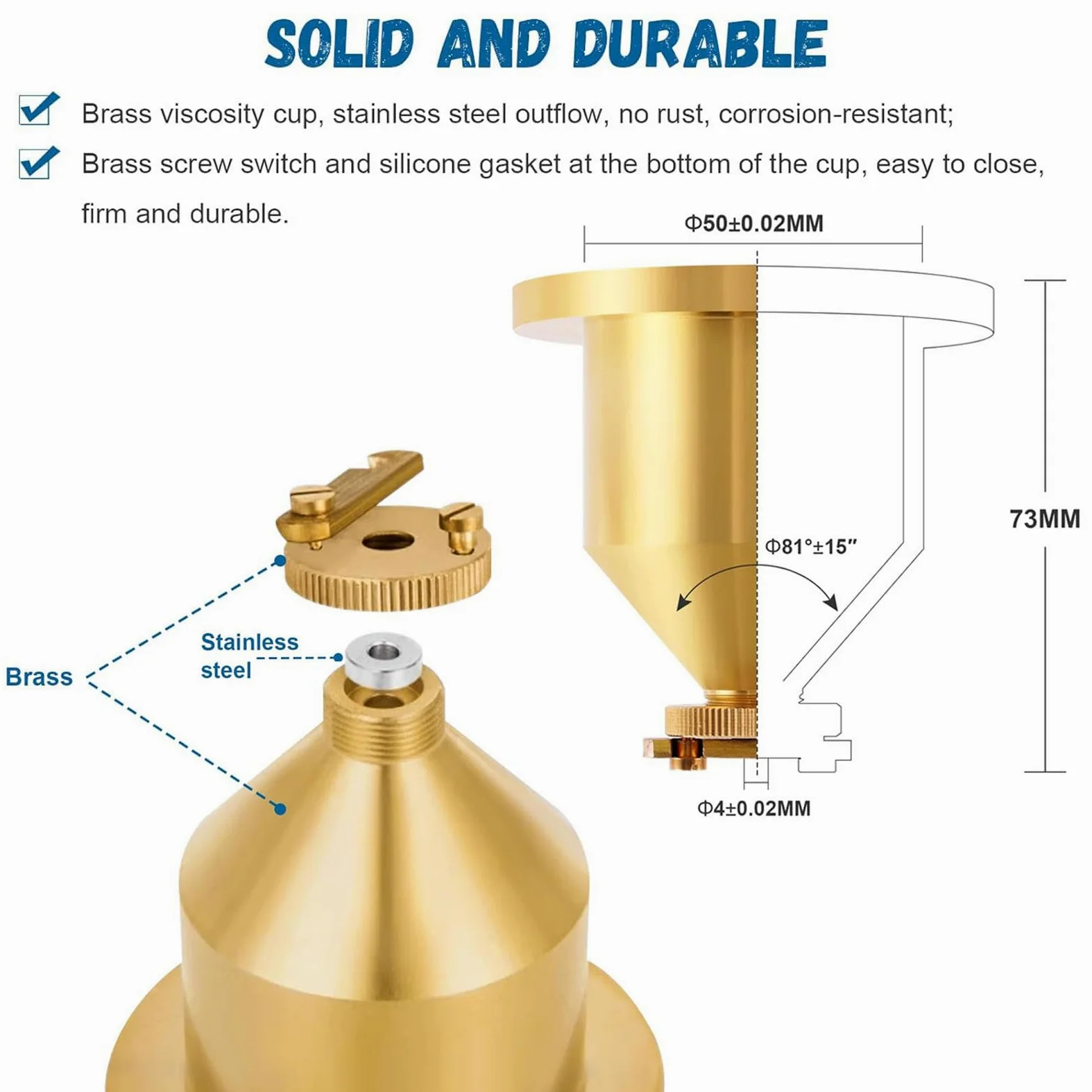 Viscosímetro de pintura con copa de flujo de latón, probador de viscosidad líquida, boquilla de flujo de 4 mm, soporte ajustable y cronómetro para revestimientos, tintas, adhesivos