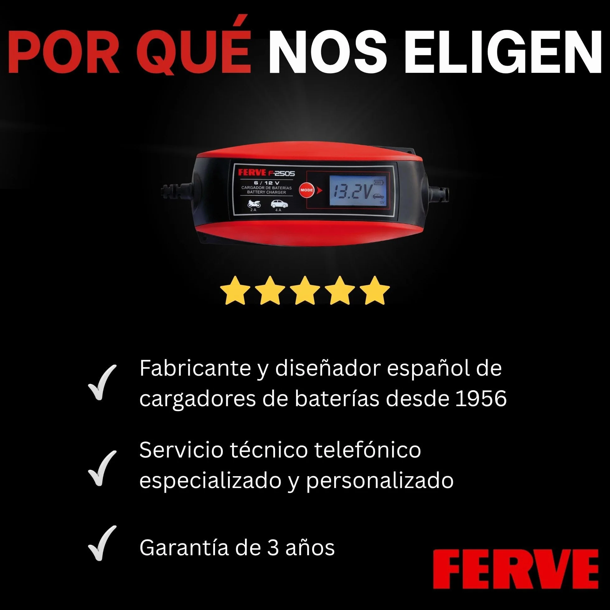 Ferve F-2505 Cargador de baterías Negro Rojo
