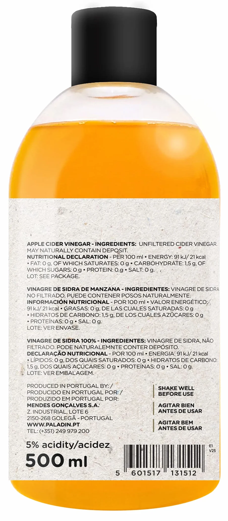 PALADIN VINAGRE DE SIDRA DE MANZANA SIN FILTRAR 500ml CAJA 6 UNIDADES