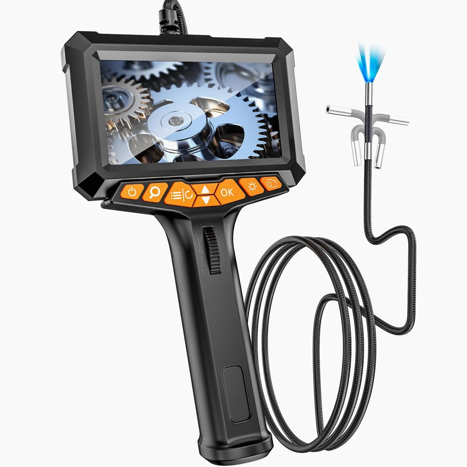 Boroscopio articulado bidireccional con luz, cámara de inspección endoscópica industrial de 0.25 pulgadas, pantalla IPS de 5 pulgadas, tubo de serpiente flexible impermeable de 5 pies, batería de 5000