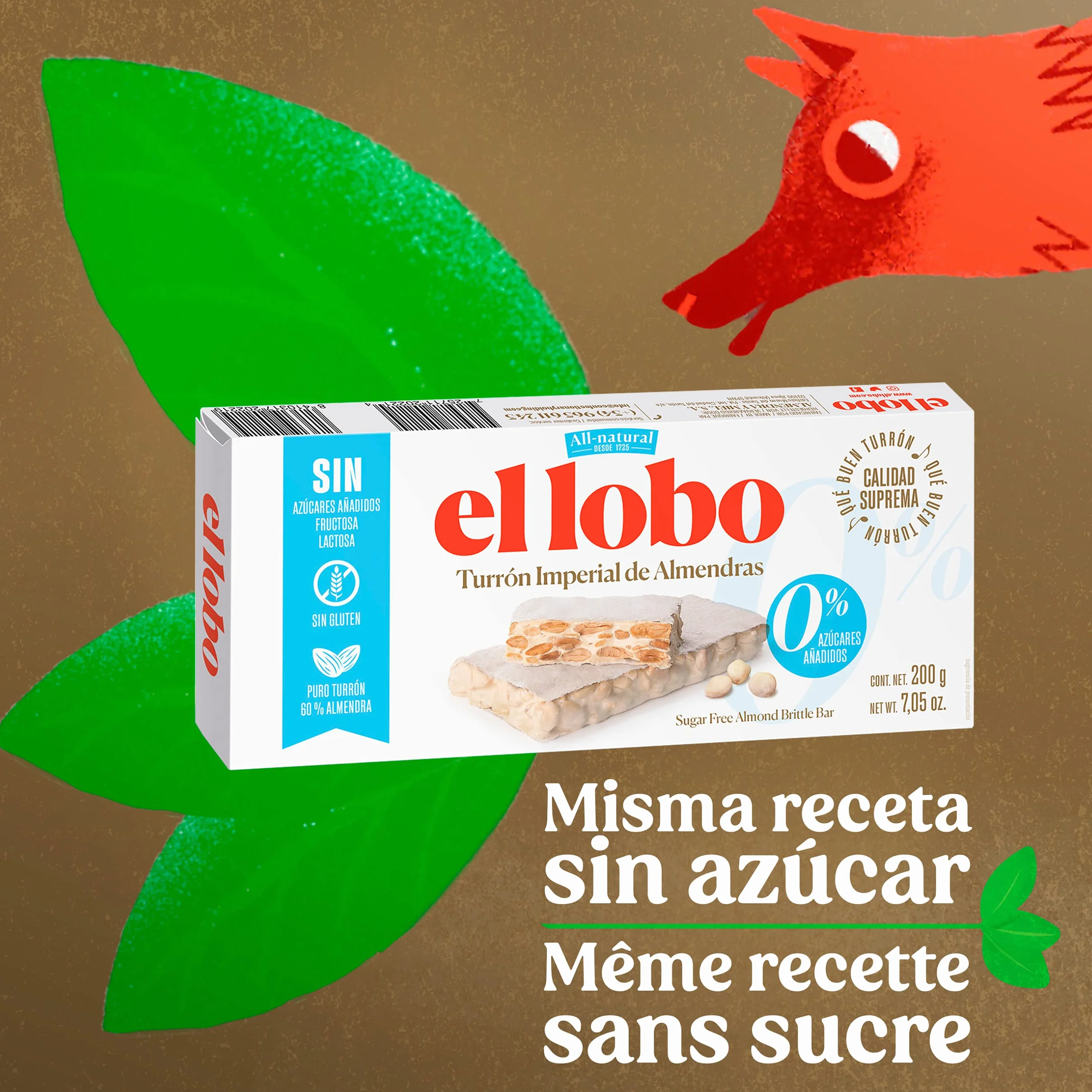 EL LOBO Turrón Duro Imperial Sin Azúcar Añadido Almendra Clara de Huevo 200g