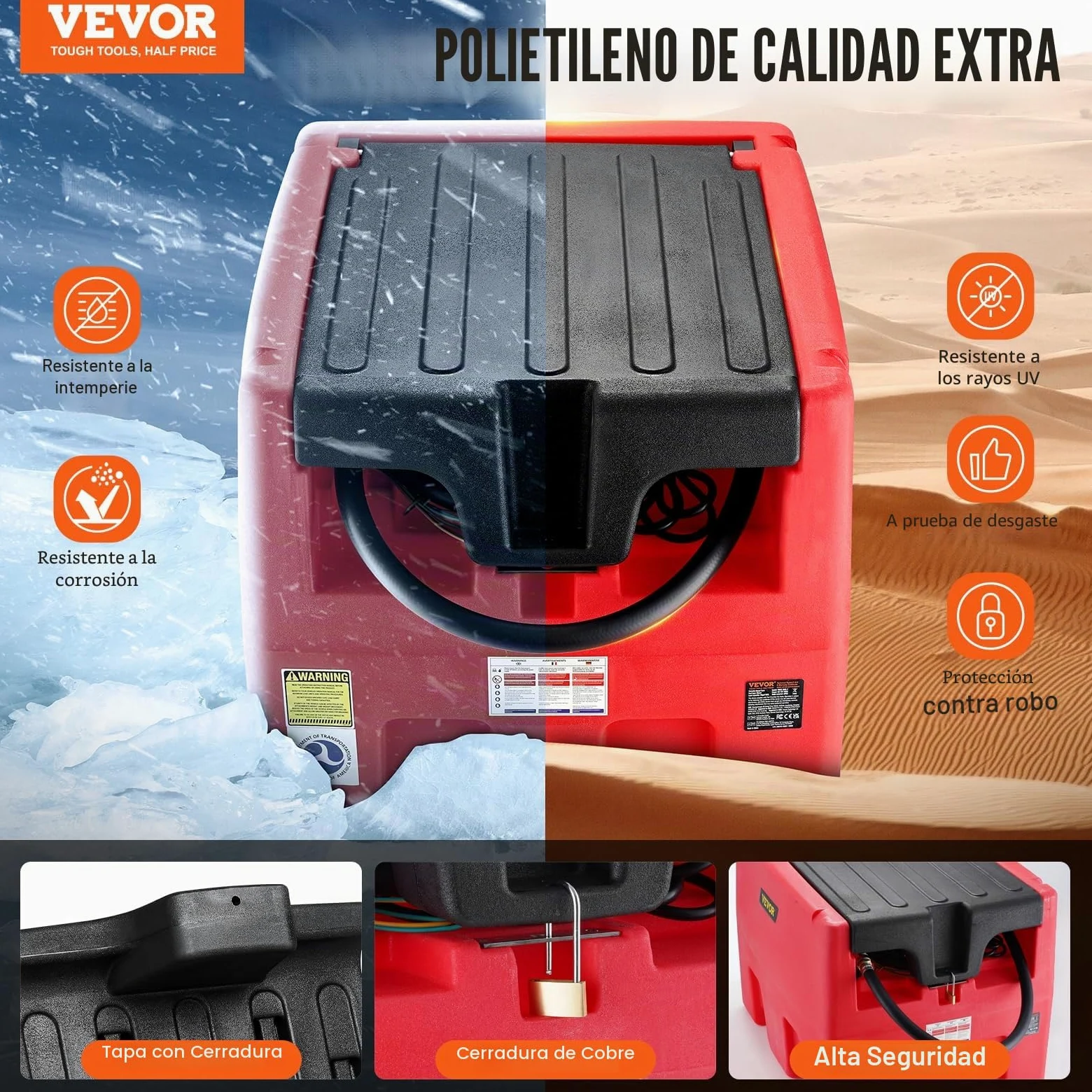 VEVOR Depósito Portátil de Gasolina Diesel 182 L Tanque de Repostaje de Combustible Bomba de Transferencia de 12 V 40 L/min Manguera de 4 m Boquilla de Repostaje Automático para Vehículos, Rojo