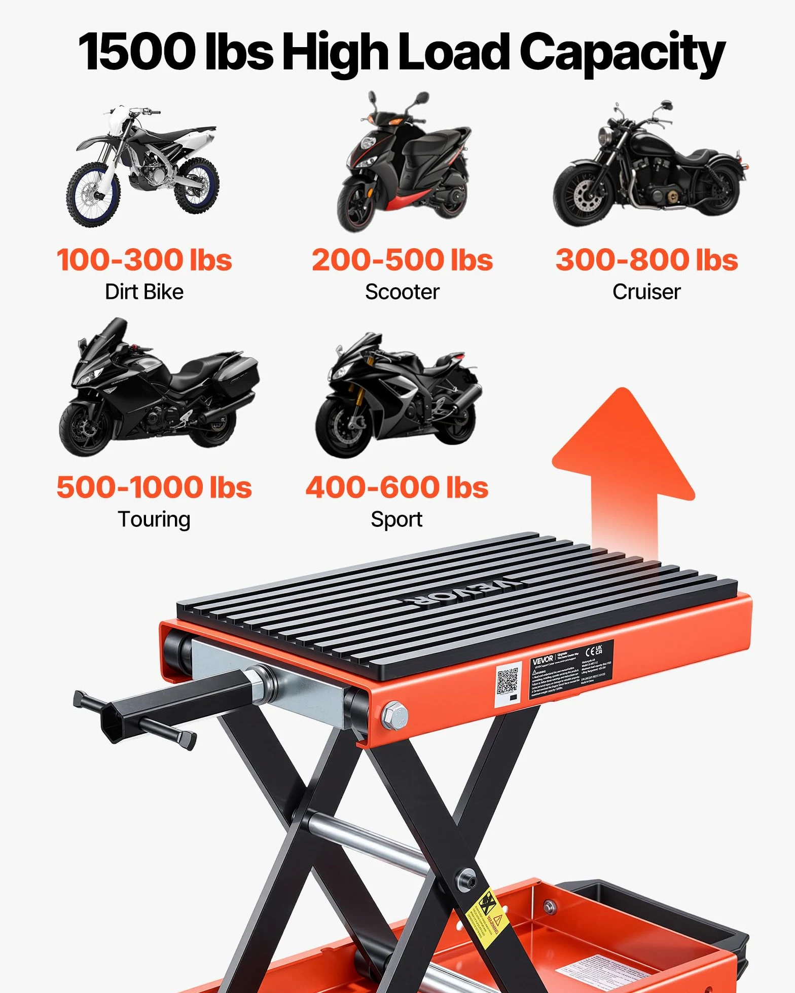 VEVOR Gato Elevador Tijera para Motocicletas 38,5 x 23 cm, Plataforma Elevadora Capacidad de 680 kg, Caballete para Moto Elevación de 105-350 mm para Talleres, Garajes Mecánicos, Naranja y Negro