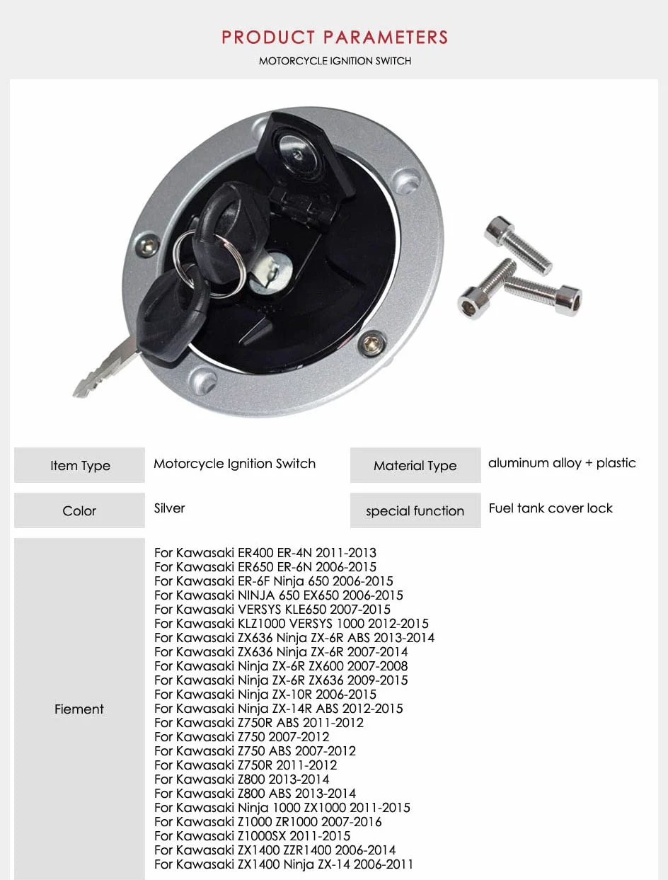 El bloqueo de la tapa del tanque de combustible, el interruptor del tanque de combustible, el bloqueo de la tapa de aire del combustible de la motocicleta son adecuados para ZX-6R / ZX-10R / ZX-14R