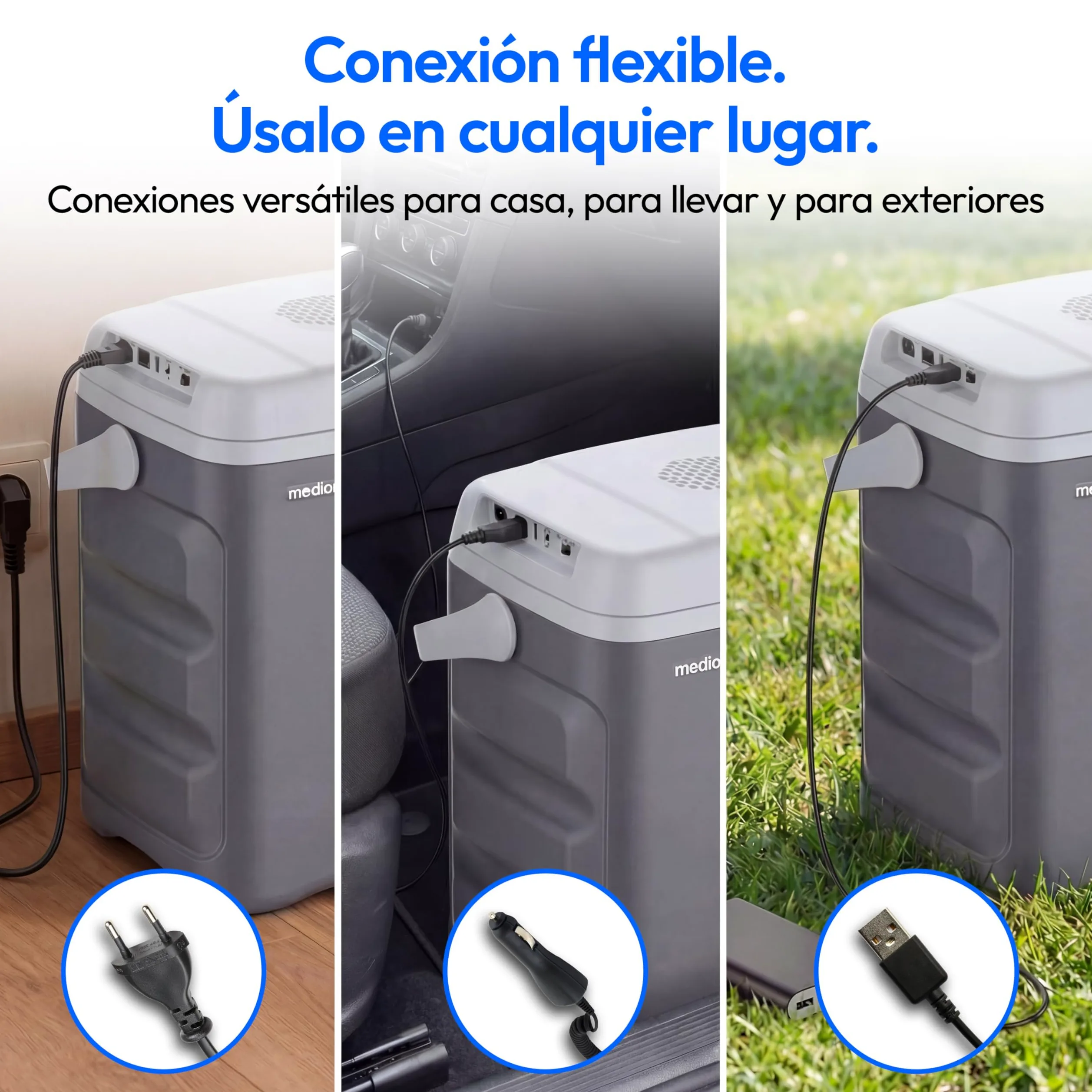 MEDION Nevera Portátil Termoeléctrica 35 L Capacidad Bruta Función Refrigeración y Calentamiento Alimentación 12V Toma de Coche 230V USB 5V para Coche Barco y Camping, MD370030 Gris Clase Energética E