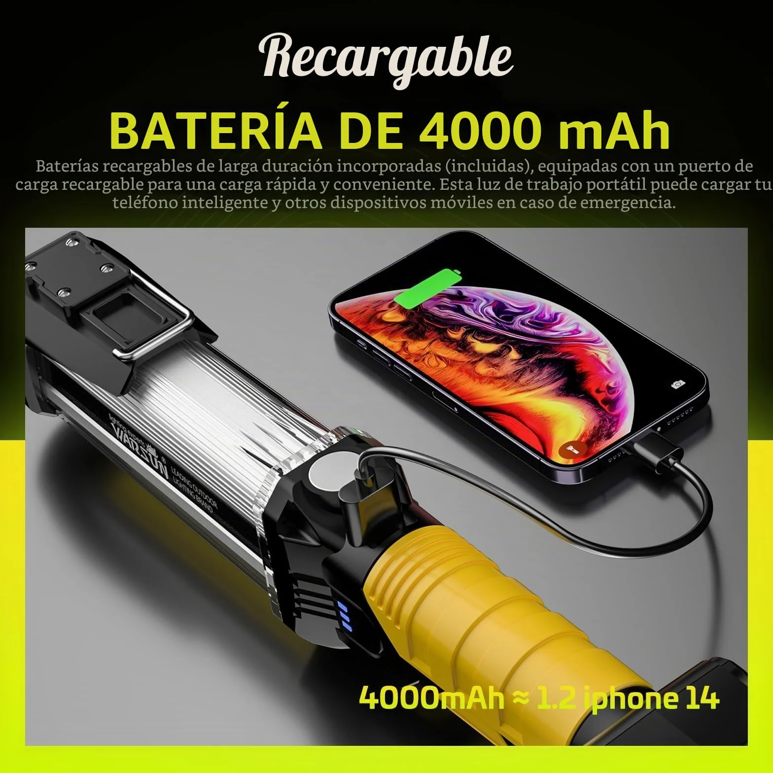 WARSUN 2-Pack Lámparas de Trabajo LED Recargables 1500LM COB con Imán y Gancho Amarillo