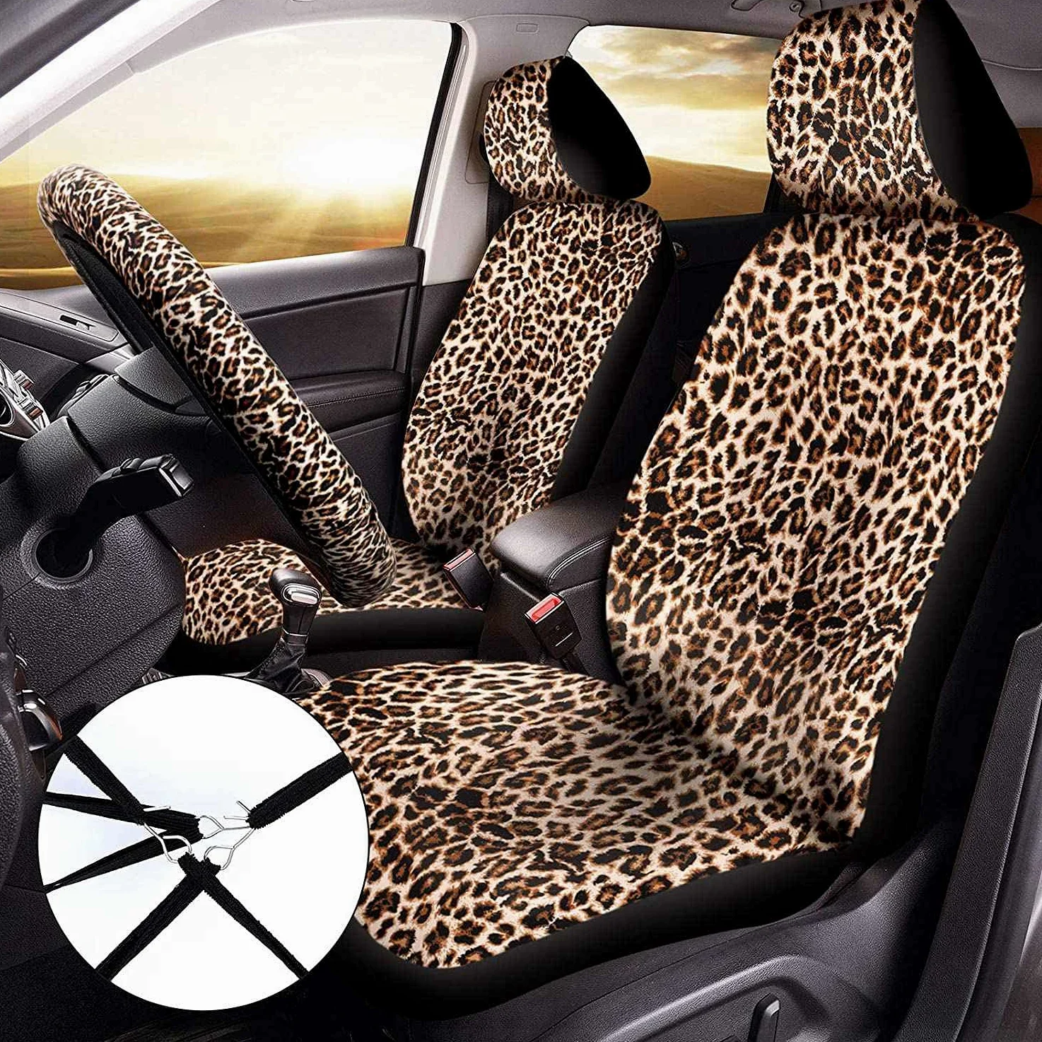 Juego de 15 fundas de asiento con estampado de leopardo, para volante, almohadilla de seguridad, posavasos, reposabrazos acolchado y