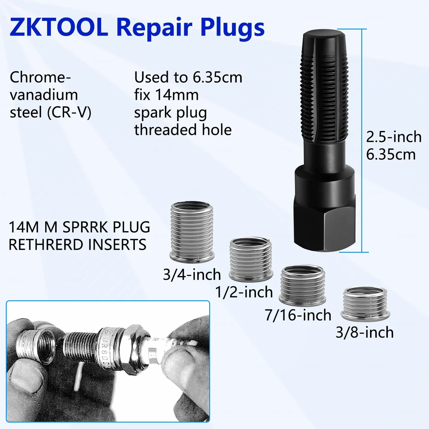 ZKTOOL 5 Piezas M14 x 1.25 Kit de Reparación de Roscas de Bujía, Kit de Roscado de Cabeza de Cilindro, Herramienta de Reparación de Roscas de Cilindro de 14 mm Reamer, 4 Insertos de Rosca