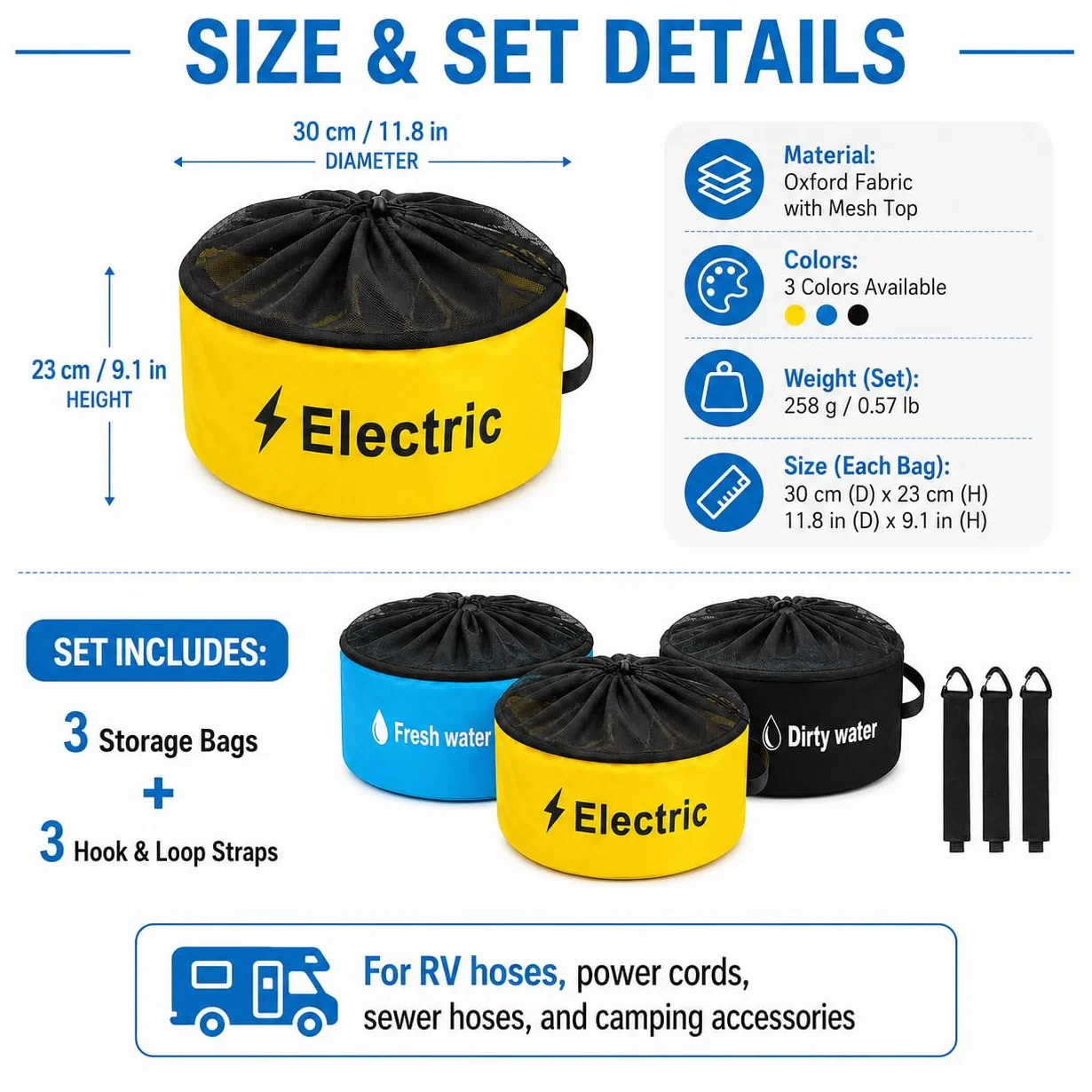 Bolsa de almacenamiento de manguera para RV, paquete de 3 unidades, impermeable, accesorios para caravana, organizador de bolsas de almacenamiento para mangueras de alcantarillado, mangueras de