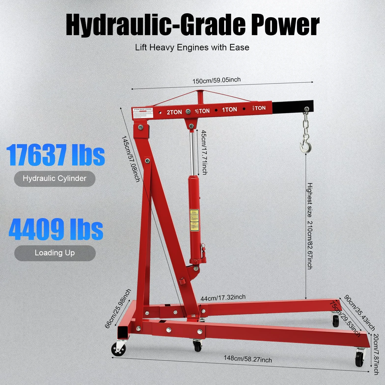 Grúa de motor plegable, 2T 2000 kg, elevador de motor, altura 2,1 m, grúa de taller con cilindro hidráulico 8T, 4 posiciones, 6 ruedas, acero al carbono, distancia del gancho al suelo de 148 cm, para