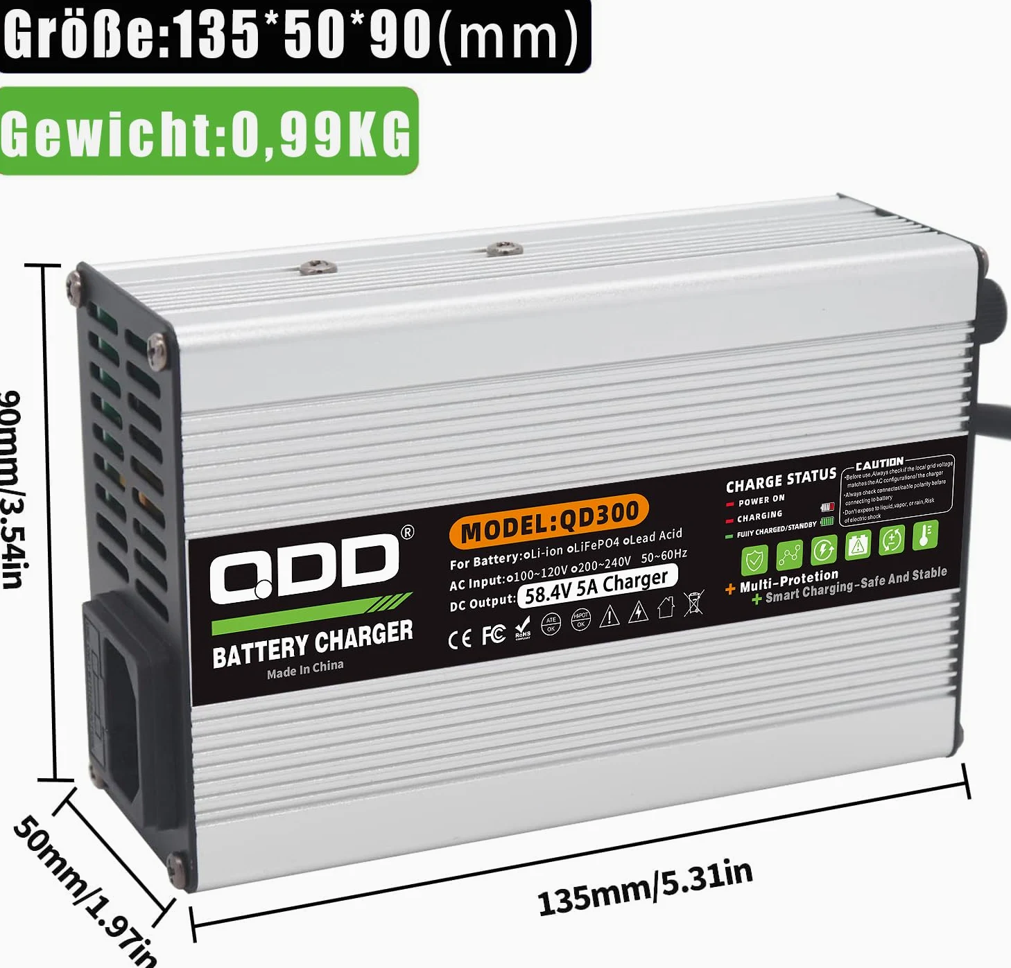 QDD Cargador de batería LiFePO4 de 58,4 V 58,4 V Cargador de batería DC C13 N+ L Conector para 16S 48 V LiFePO4 Batería Cargador Rápido