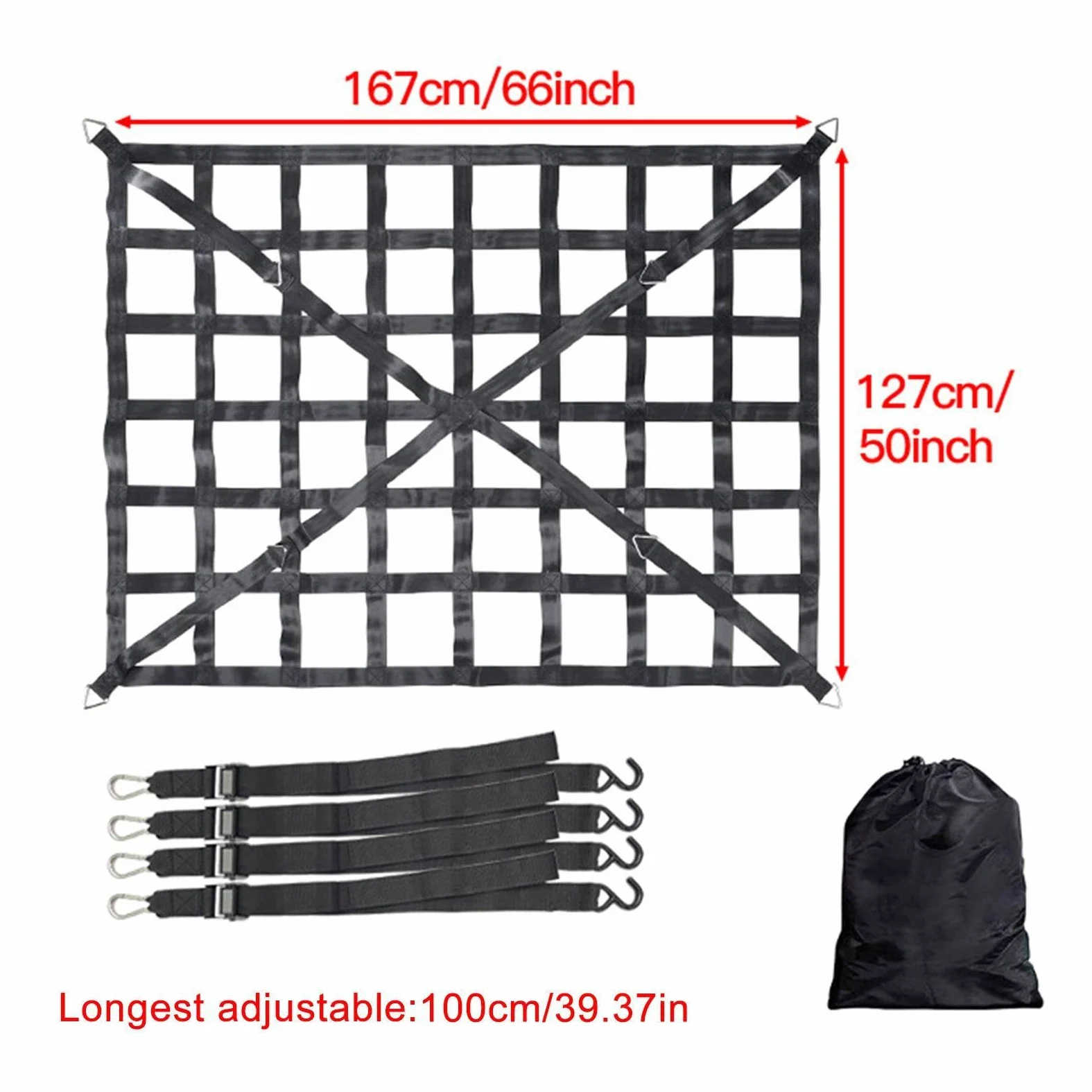 Red elástica para carga | Red de carga extensible y resistente – Red de | almacenamiento de maletero elástica ajustable con 4 cinturones fijos para SUV, coches y camiones