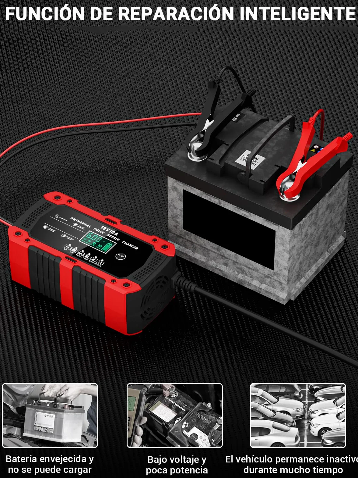 Cargador de Batería de Coche 12V 10A Cargador Baterias Coche y Moto con Pantalla Táctil LCD Inteligente y Múltiples Protecciones Cargador de Batería para Auto Moto Camión AGM, Gel, SLA