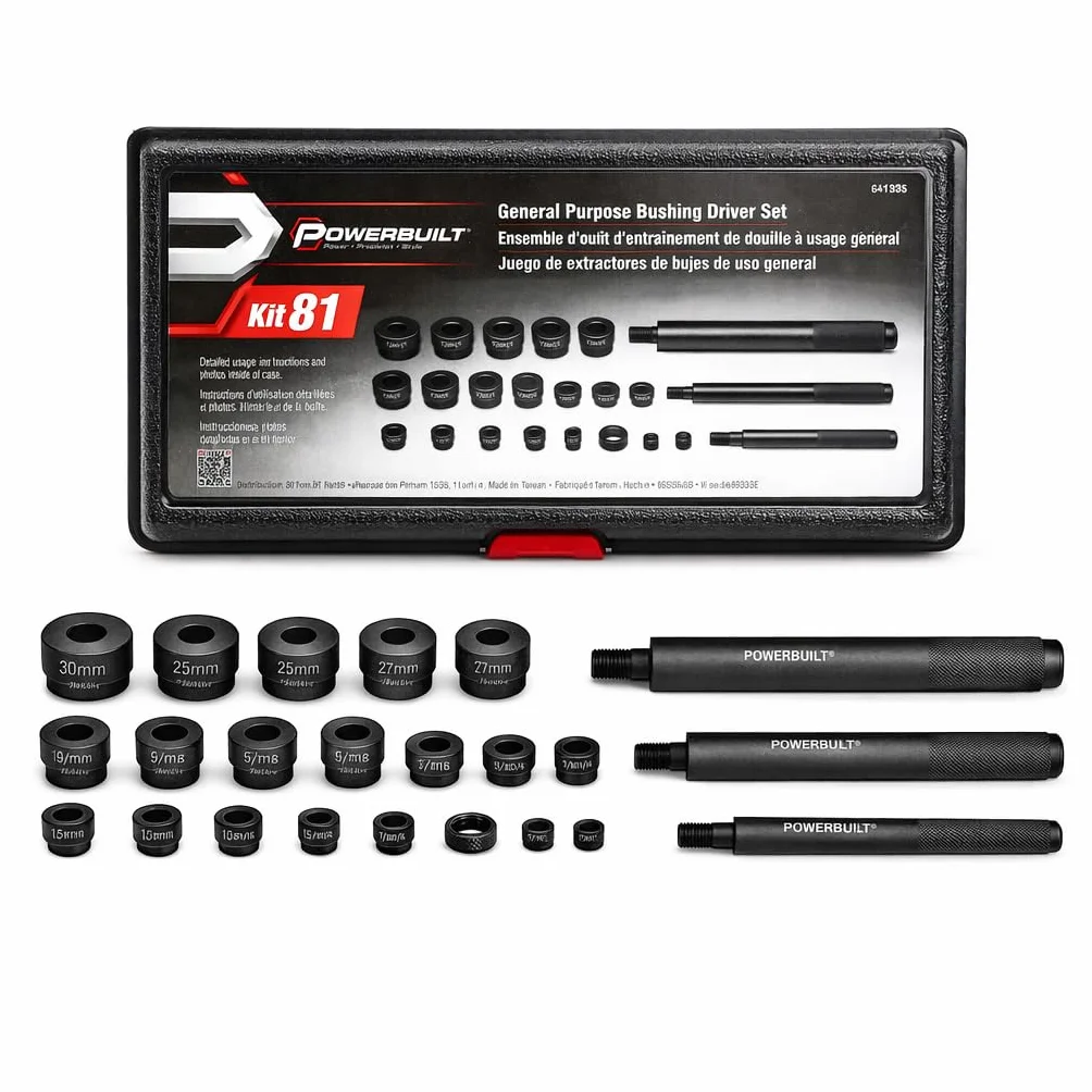 Powerbuilt Kit de Herramientas de Conductor de bujes de Uso General, Juego de Herramientas para Instalar y Quitar bujes a presión, Coches, Camiones, Tractores, vehículos - 641335