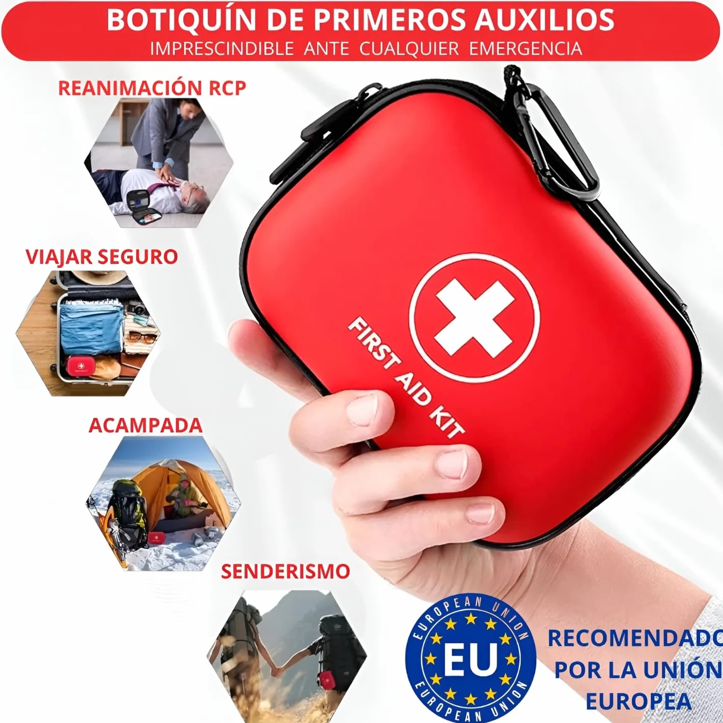 Botiquín de Primeros Auxilios 96 Piezas - Kit de Seguridad para Coche con Martillo Emergencia y Cortador de Cinturón - Estuche Rígido Impermeable