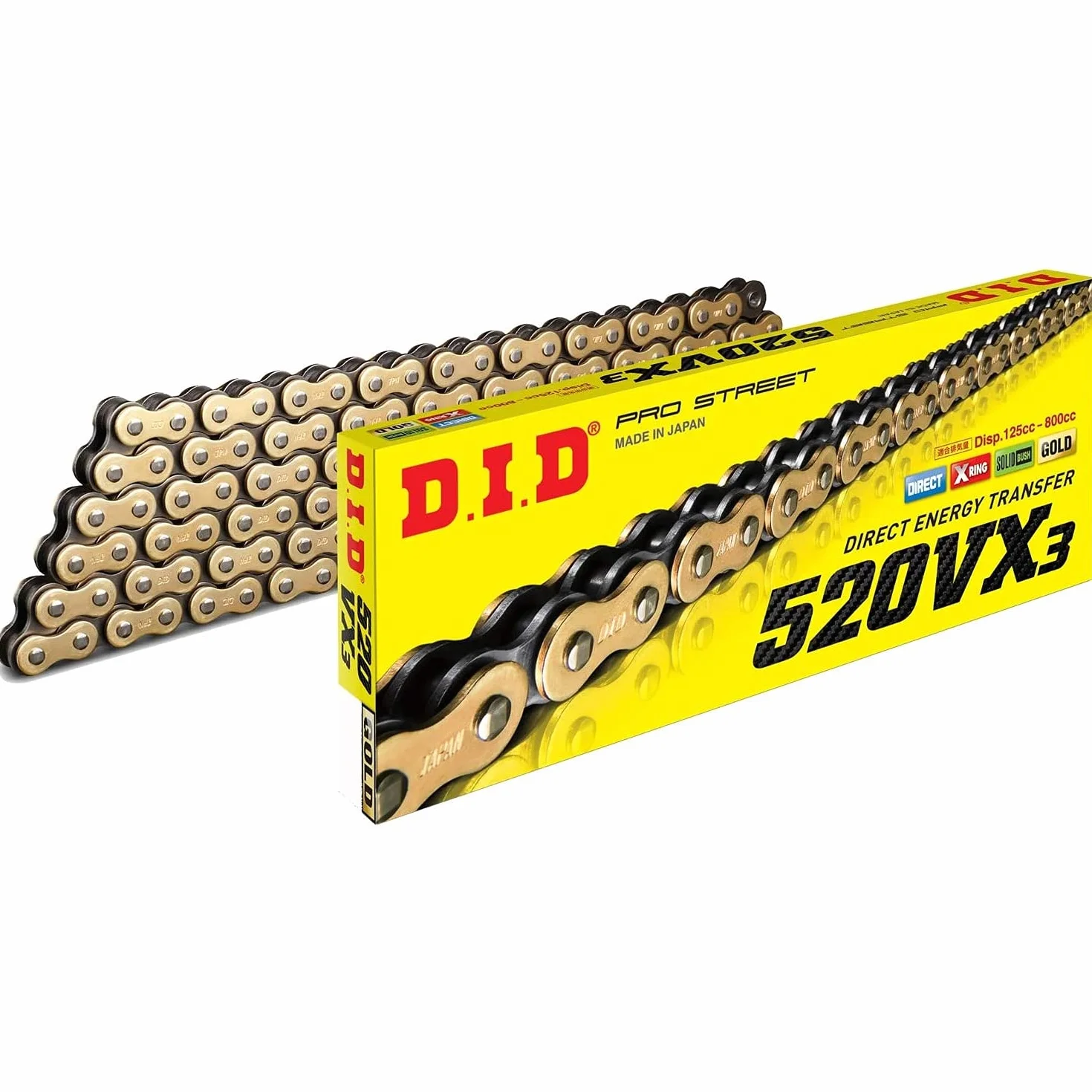 DID Cadena 520VX3 (Oro y Negro) - Longitud: 98 eslabones con unión remachada (ZJ)