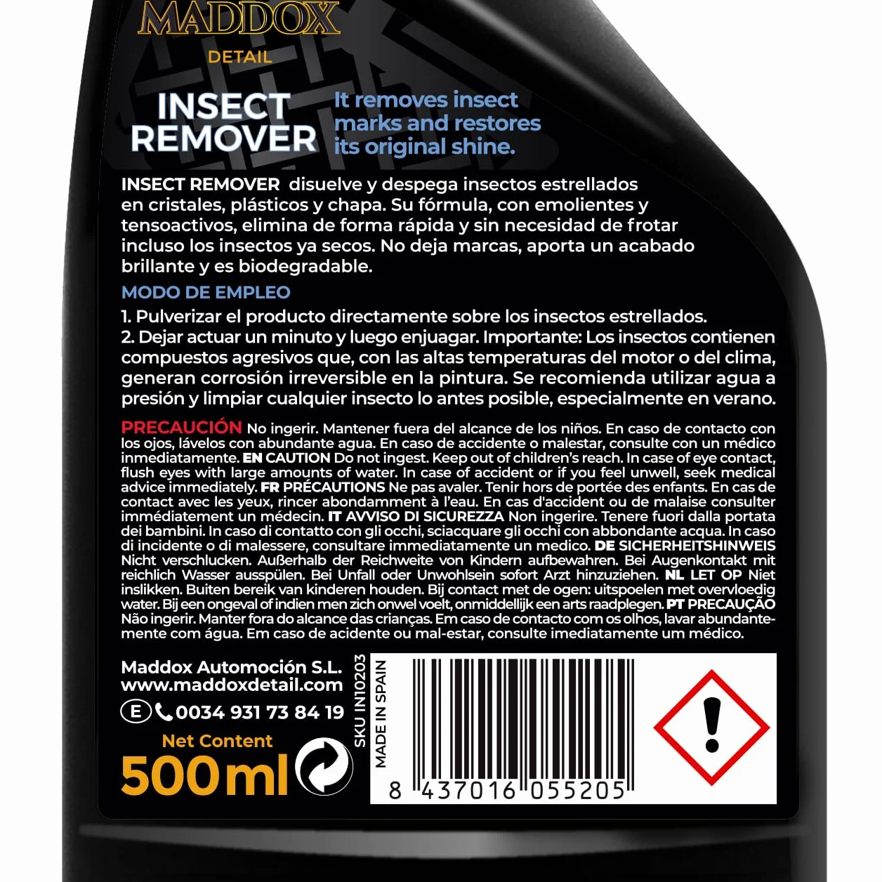 Maddox Detail - Quitainsectos Coche | Elimina Mosquitos e Insectos Incrustados sin Frotar | Limpia Mosquitos Coche y Manchas en Faros, Parabrisas y Parachoques | Insect Remover 500 ml