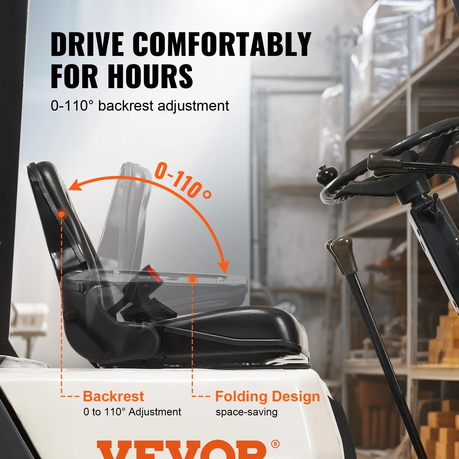VEVOR Asiento Universal para Carretilla Elevadora, Plegable con Respaldo Ajustable y Cinturón Retráctil, 6 Ranuras