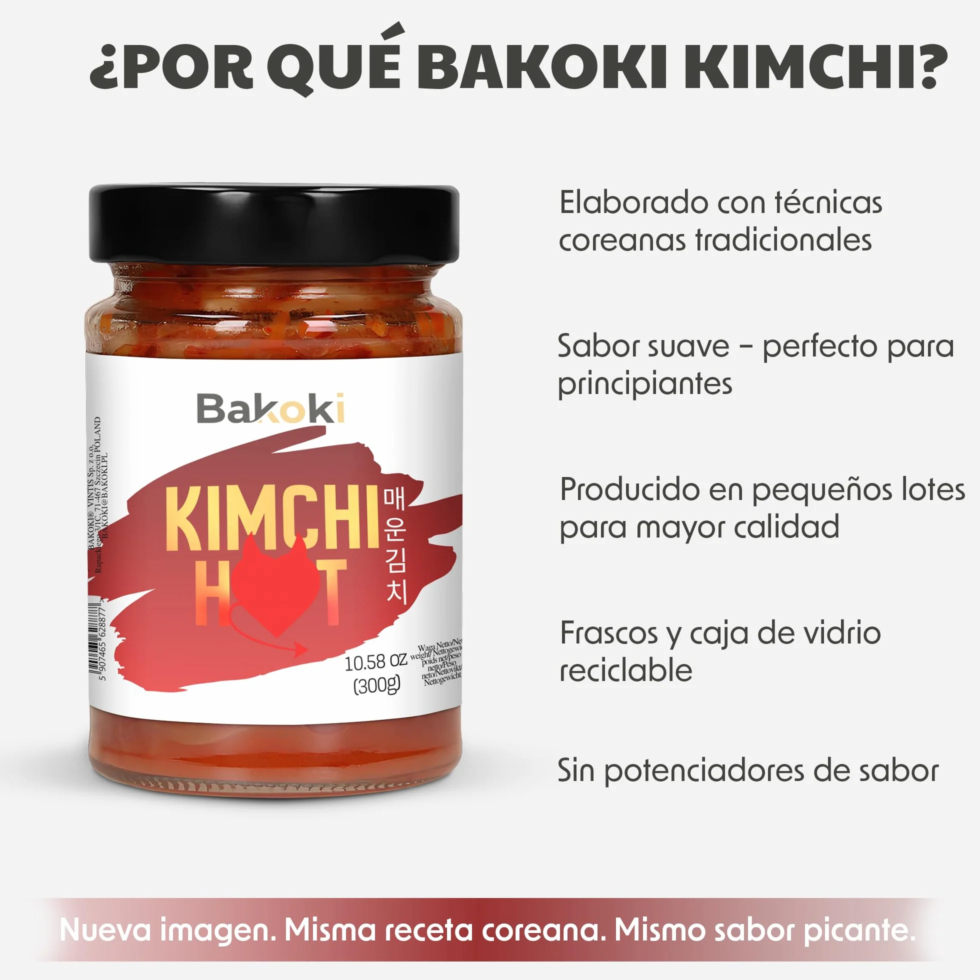 Bakoki Premium 매운 김치 Hot‑Kimchi (Gochugaru) – kimchi coreano picante de repollo napa fermentado probiótico umami 2 × 300 g