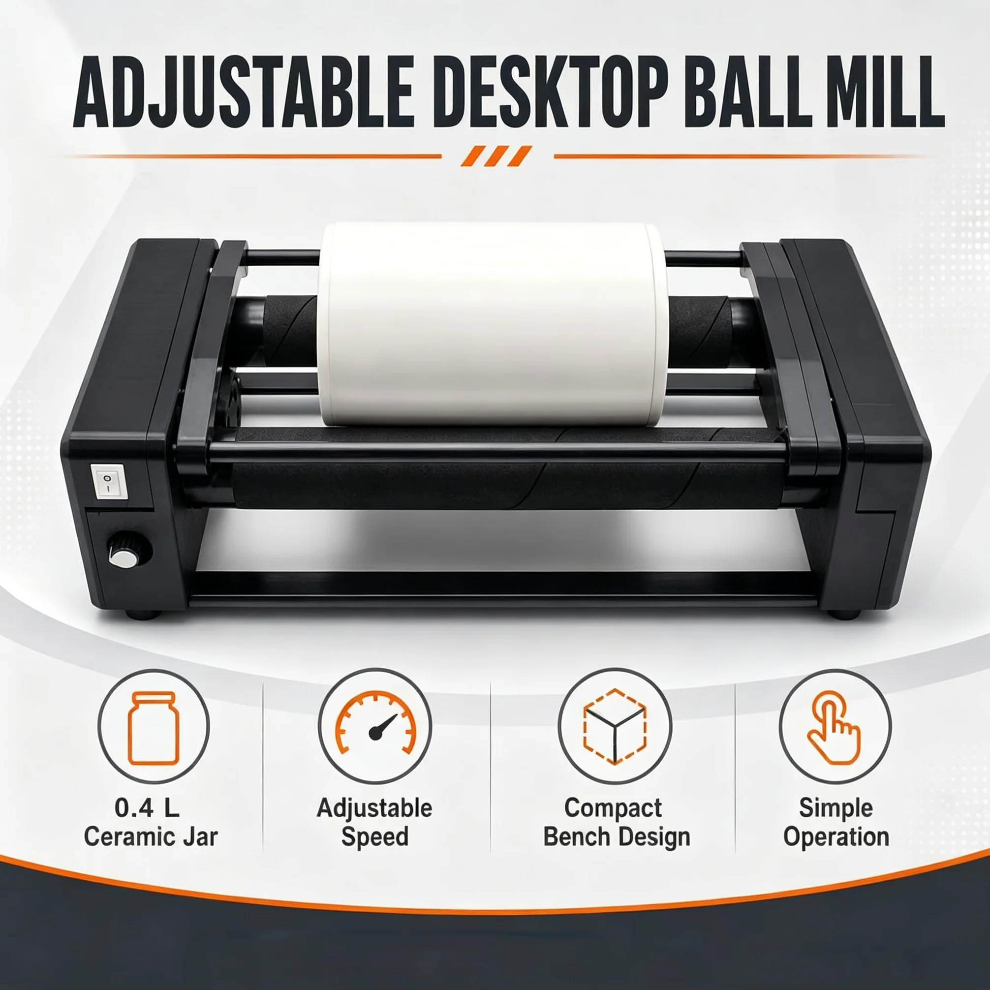 Molino de Bolas de sobremesa para Laboratorio, máquina Horizontal de molienda y Pulido, con Recipiente cerámico de 0,4 L, Temporizador Digital y Capacidad de 30 a 150 ml.