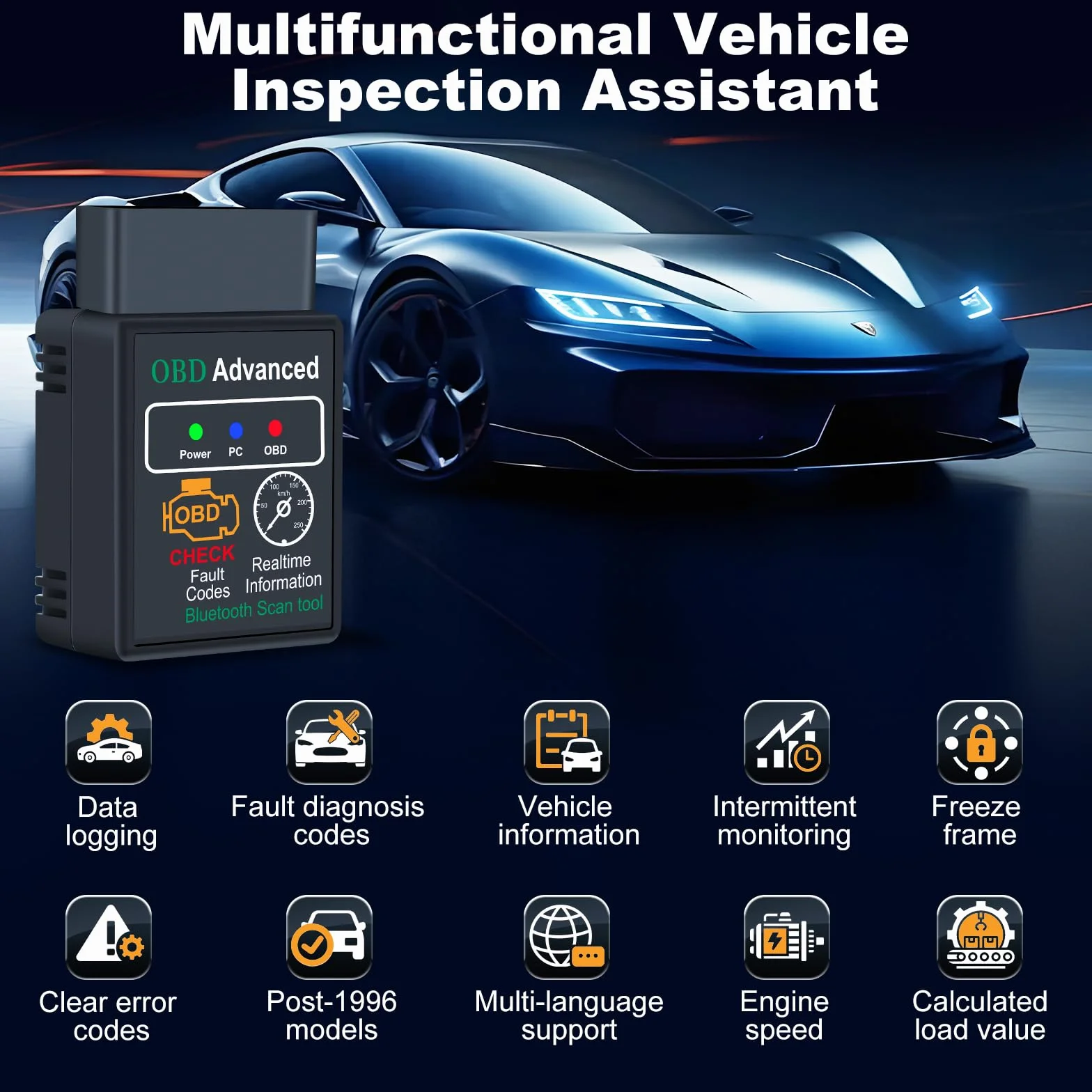 OBD2 Diagnosis ELM 327, Diagnosis Coche Multimarca, Maquina Diagnosis Coche con Múltiples Protocolos, Escaner para Coches para iOS, Android y Windows. Para Vehículos Fabricados Después de 1996.