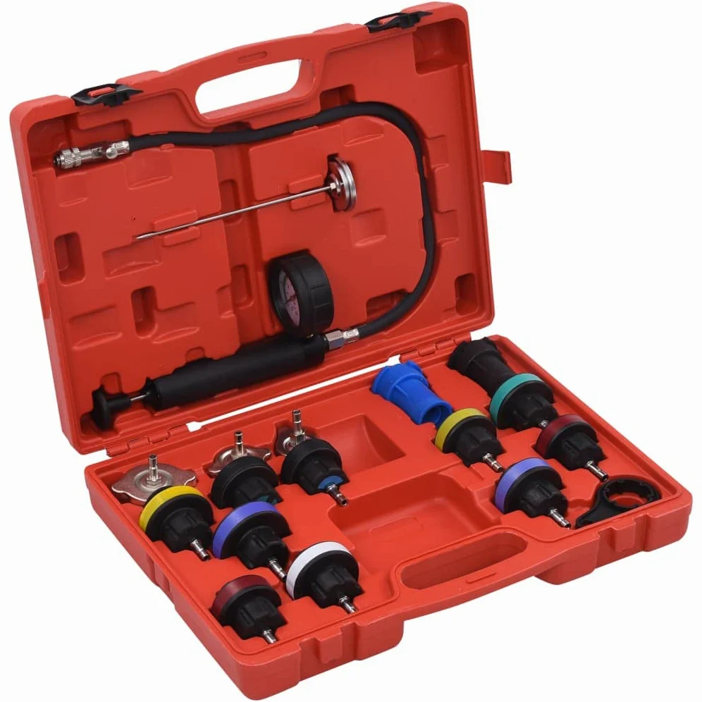 Comprobador de presión para sistemas de refrigeración y tapa del radiador, juego de herramientas manuales de 18 piezas con manómetro de 0 a 2,5 bar, aleación de aluminio, para coche, moto