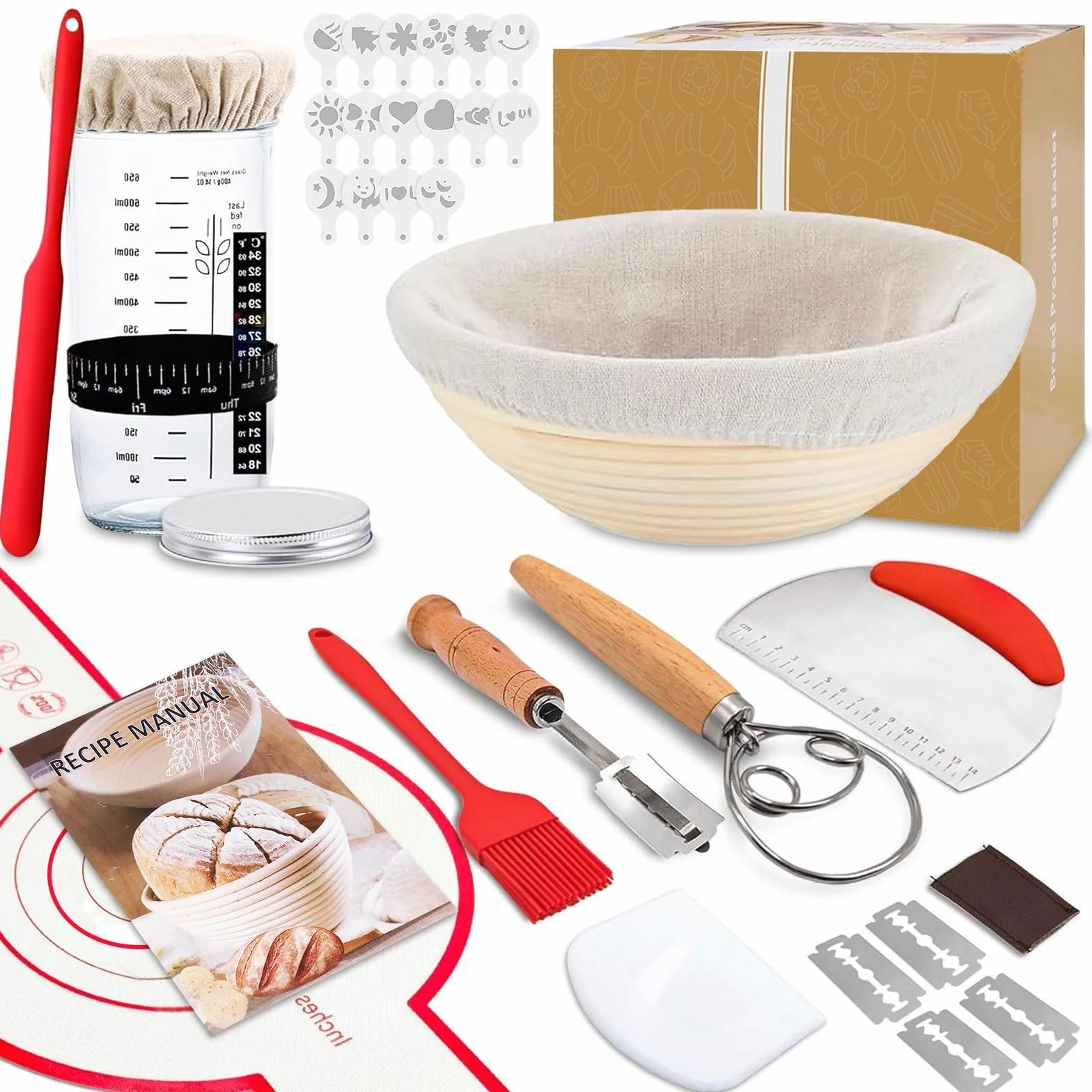 Cesta de Fermentación Pan 23cm Ovalado 25 Piezas Kit Completo Banetones de Caña Natural para Masa Madre