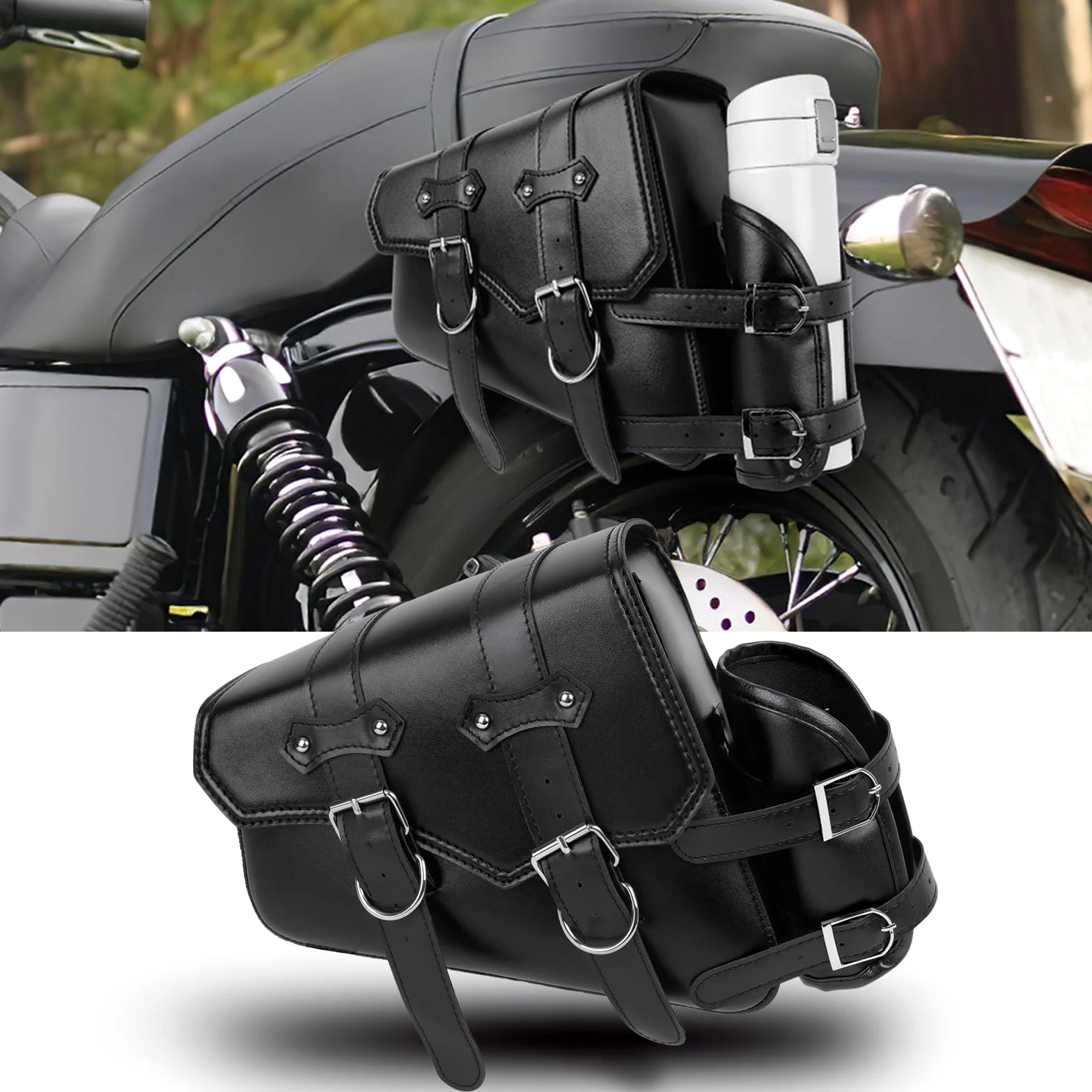 DREAMIZER Bolsa de Sillín Lateral de Cuero Sintético para Motocicleta con Brazo Oscilante Compatible Harley Honda Kawasaki Suzuki Yamaha