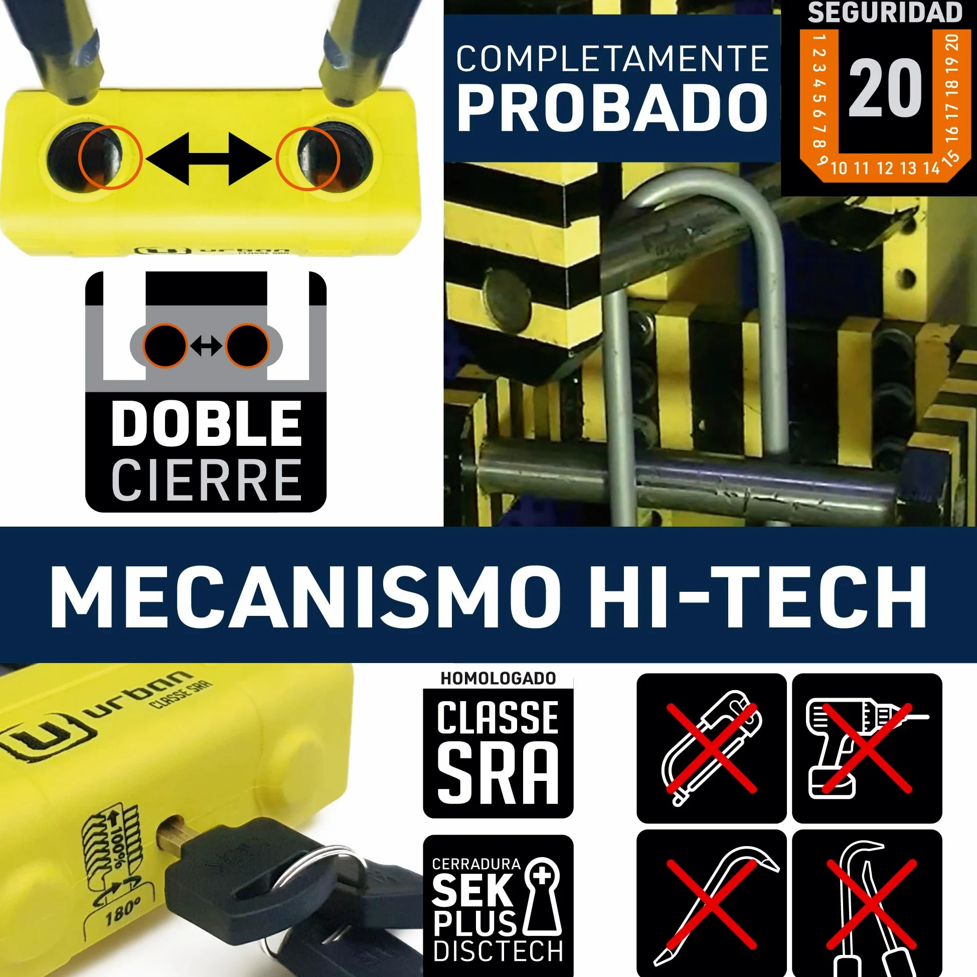 URBAN UR75150 Cadena Candado Antirrobo Pesado ø15mm + Mini U, Alta Seguridad Homologada SRA, 150cm Completamente Testada +Visible, Antirobo Multifunción para Disco Freno, Anclaje, Motocicleta, Parking
