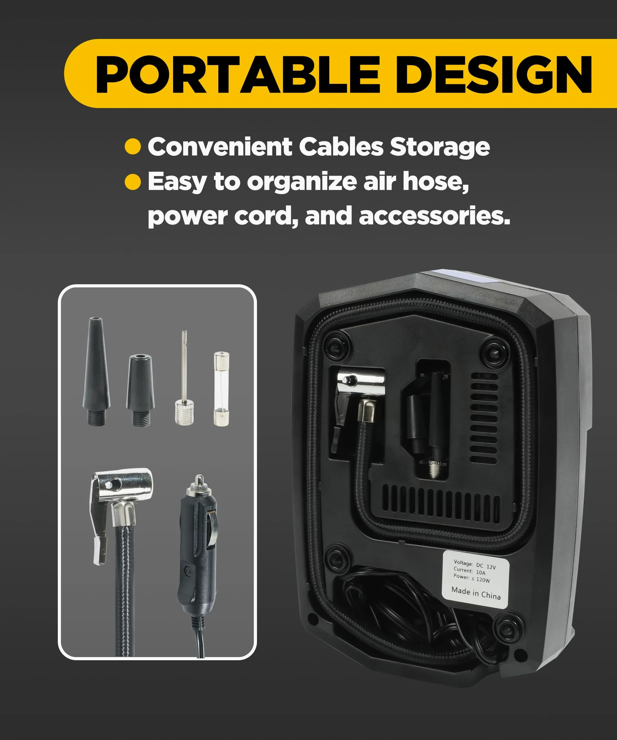 YAKEFLY Inflador de neumáticos, compresor de aire portátil, bomba de neumáticos de coche de 12 V CC con medidor de presión digital, apagado automático de 150 PSI con flash LED de emergencia, compresor