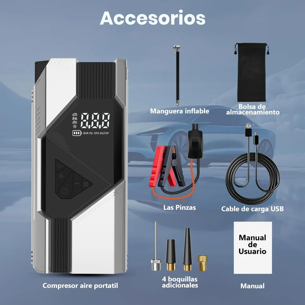 Junsun 10000mAh Compresor de Aire 150 PSI con Arrancador de Batería 12V y Power Bank 18W, Inflador Portátil para Coche Gasolina y Diésel, Arranque de Emergencia, Pantalla LCD, Carga Rápida y Luz LED