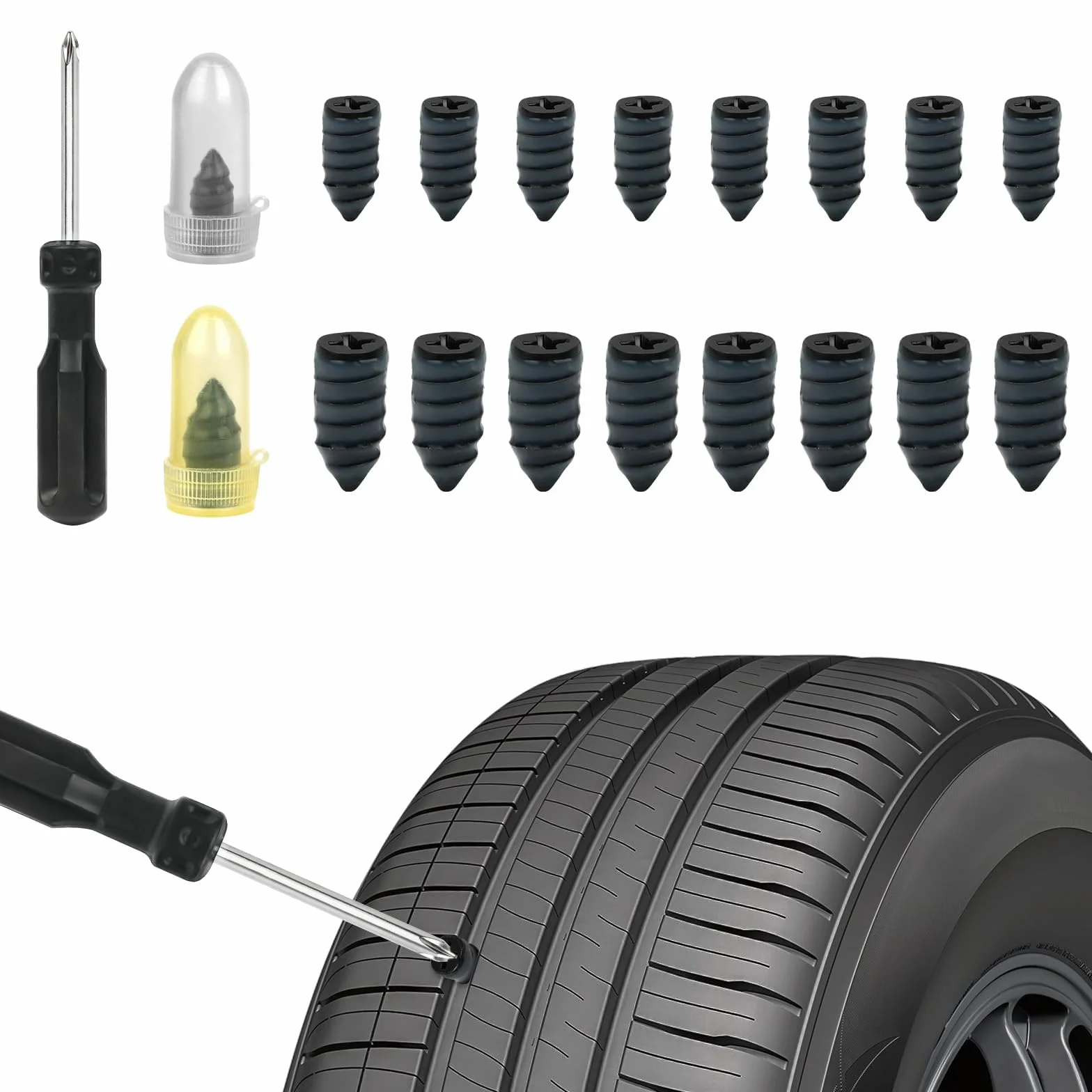 Tire Repair Stud Kit 16 PCS Clavos de Reparación de Neumáticos de Goma, 2 Tamaños con Destornillador, Coche Motocicleta Camión Bicicleta