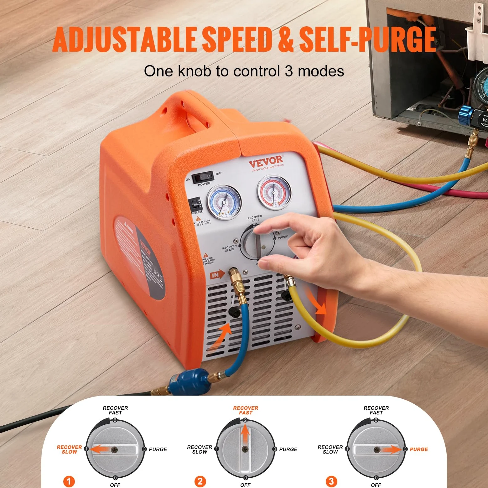 VEVOR Máquina de Recuperación de Refrigerante Portátil 3/4 HP Máquina de Recuperación con Protección de Alta Presión 2,2 kg/min Velocidad de 1450 RPM Autolimpieza para Vapor Líquido Refrigerante