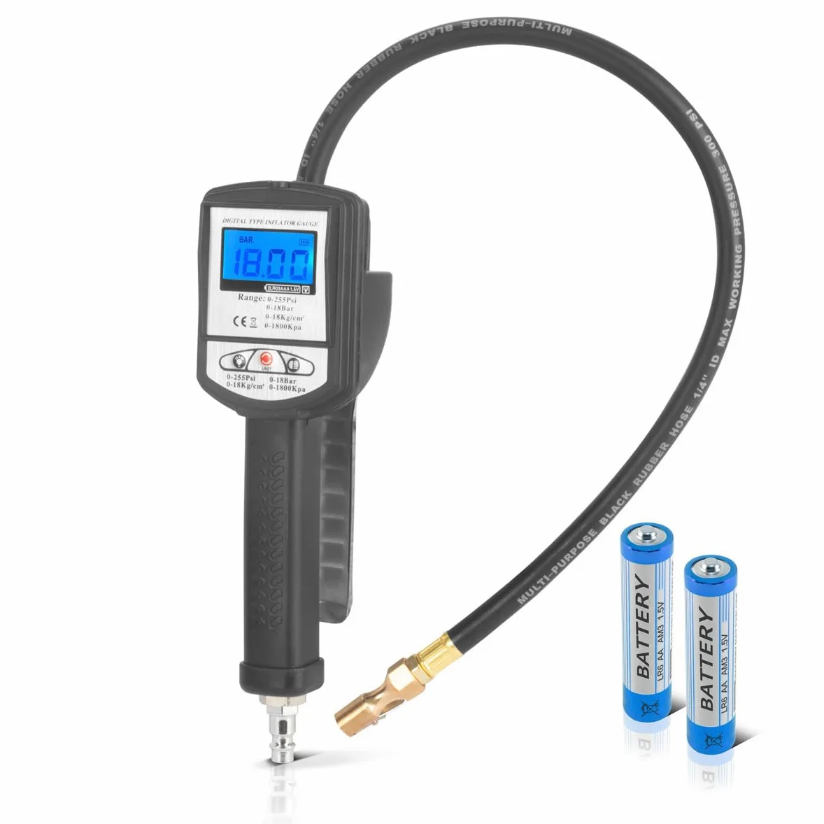 STAHLWERK Inflador digital de aire comprimido DRP-18 ST | Inflador de aire comprimido con manómetro digital | Manómetro digital para coches, camiones, motos, bicicletas | Rango de medición 0-18 bar