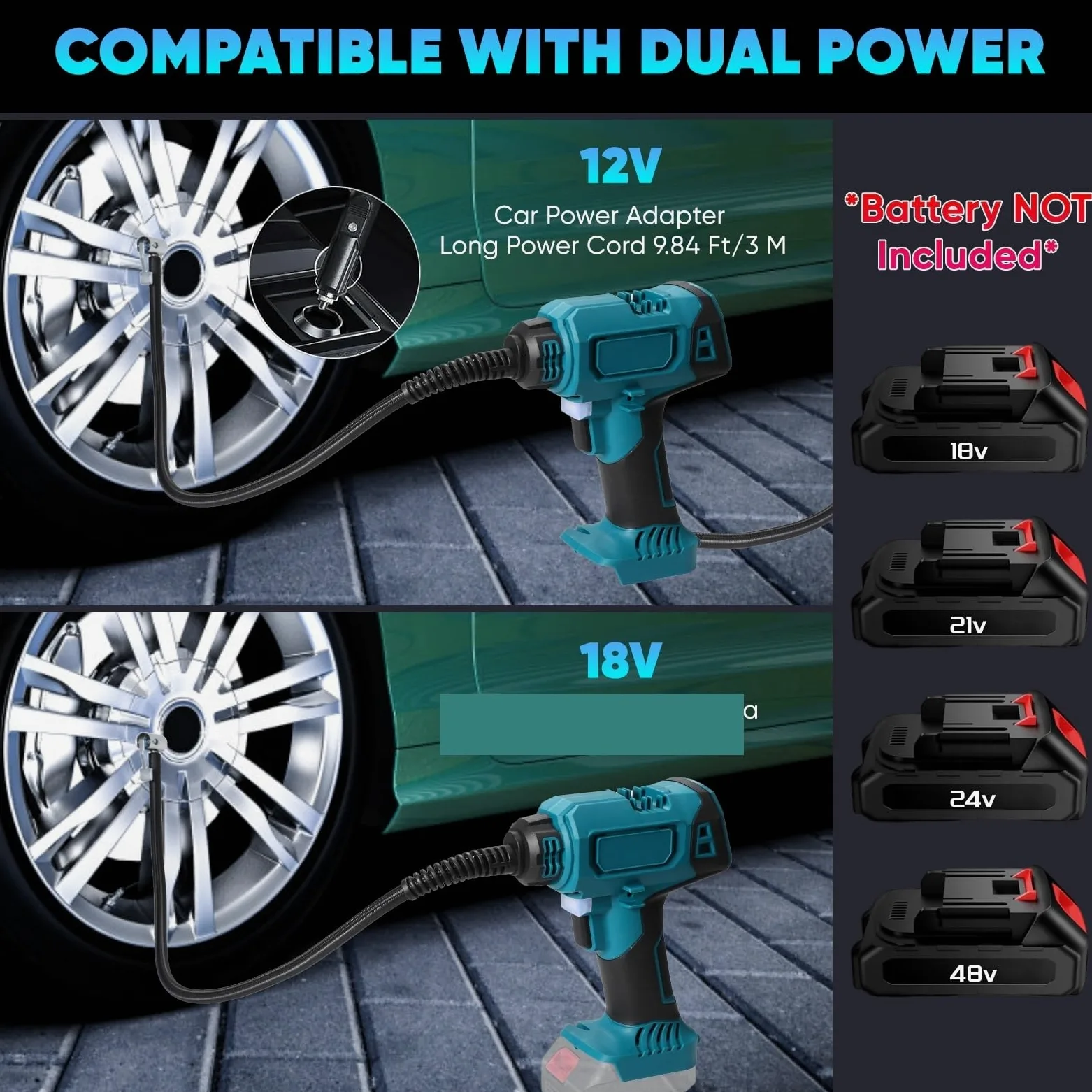 Inflador Ruedas Coche Inflador de neumáticos de Coche portátil inalámbrico, luz LED, batería de 18V, Carga Dual de Coche de 12V para SUV/Motocicleta/Bicicleta Compresores de Aire portátiles