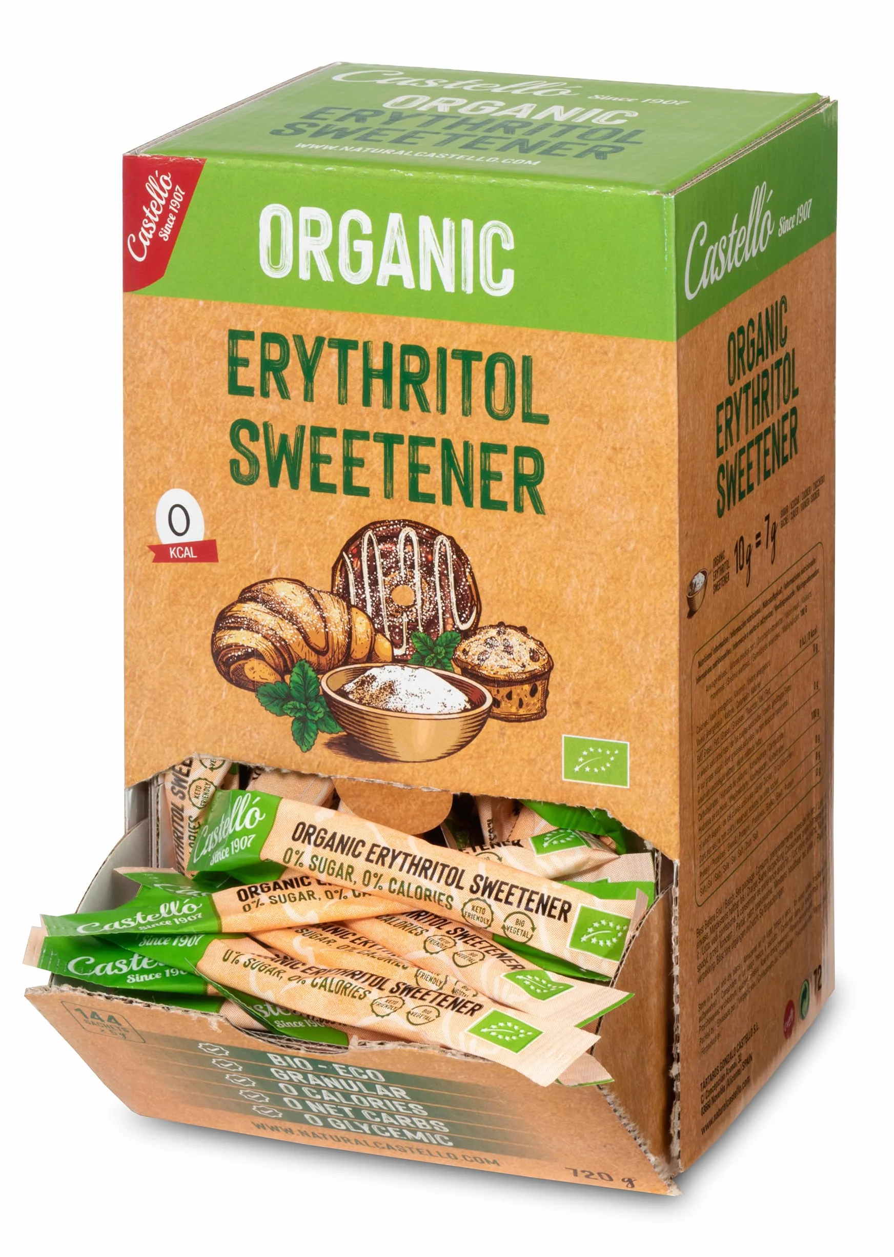Castello Eritritol Ecológico 144 Sobres 5 g Sustituto del Azúcar Keto Paleo 0 Calorías No OGM 720 g