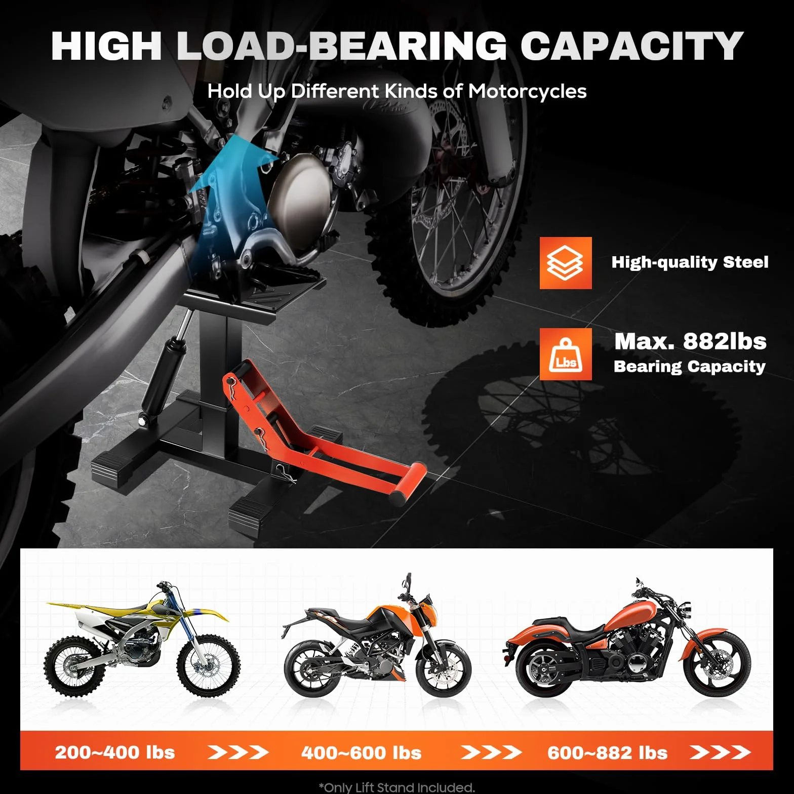 Plataforma elevadora hidráulica para motocicleta – Altura ajustable hasta 400 kg, base en forma de H con almohadilla de goma para motos todoterreno