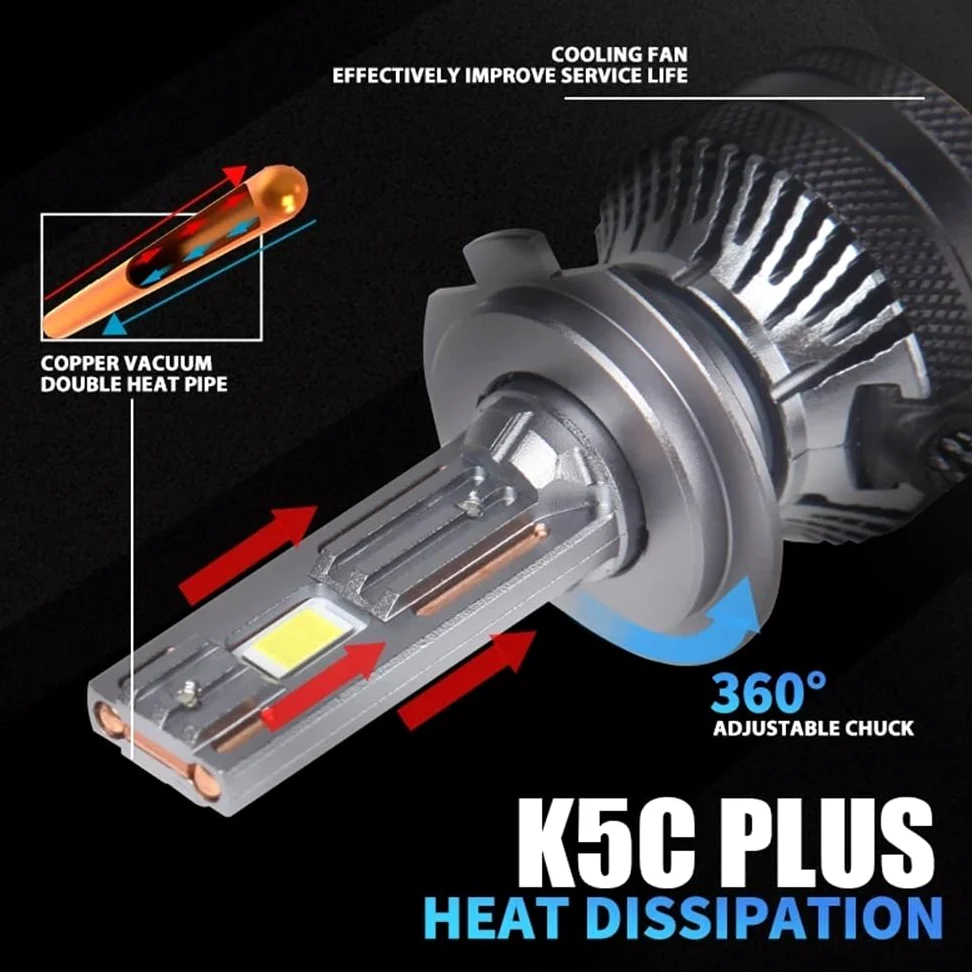 Bombilla LED for faros delanteros de coche, 140 W, K5C PLUS, H7, H11, H1, H4, 4300 K, LED HB3, HB4, doble tubo de cobre, kit de luces LED for coche, 12 V, 2 unidades(4300K White Yellow,9012(HIR2))