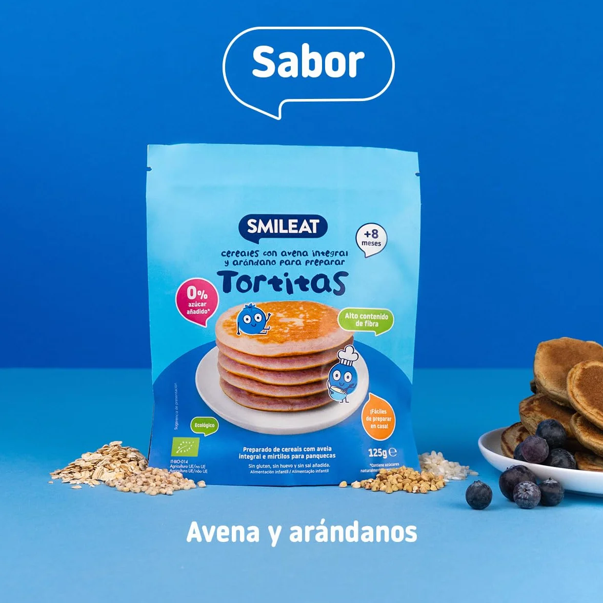 Smileat Preparado para Tortitas de Avena Integral y Arándano 125g Pack 6 Sin Azúcar Añadido Vitamina B1