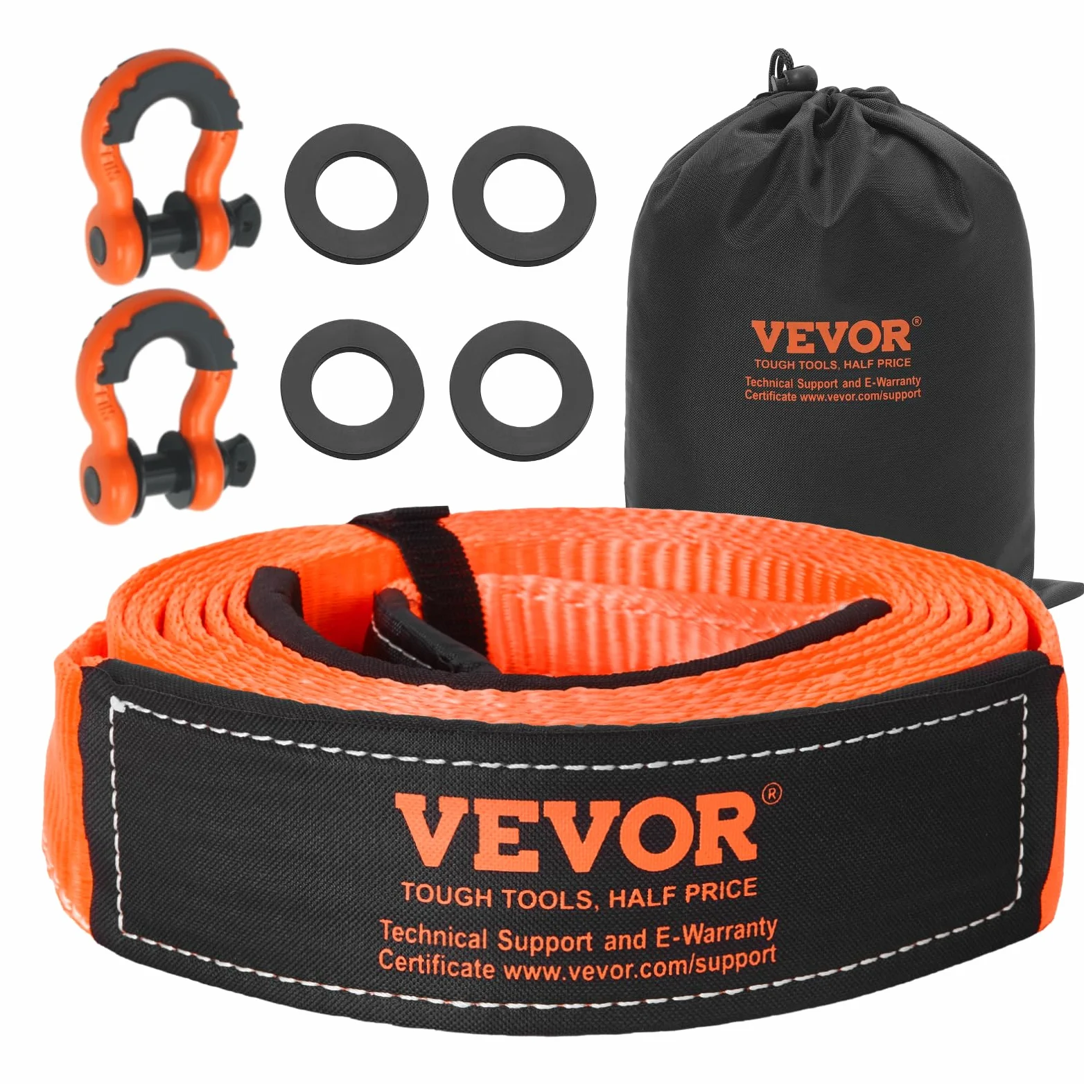VEVOR Kit de Recuperación de Correas de Remolque, 76,2 mm x 6,1 m Capacidad de 16329 kg Correa de Cabrestante con Fundas Protectoras y Bolsa de Almacenamiento, Grilletes de Anilla en D para SUV, ATV