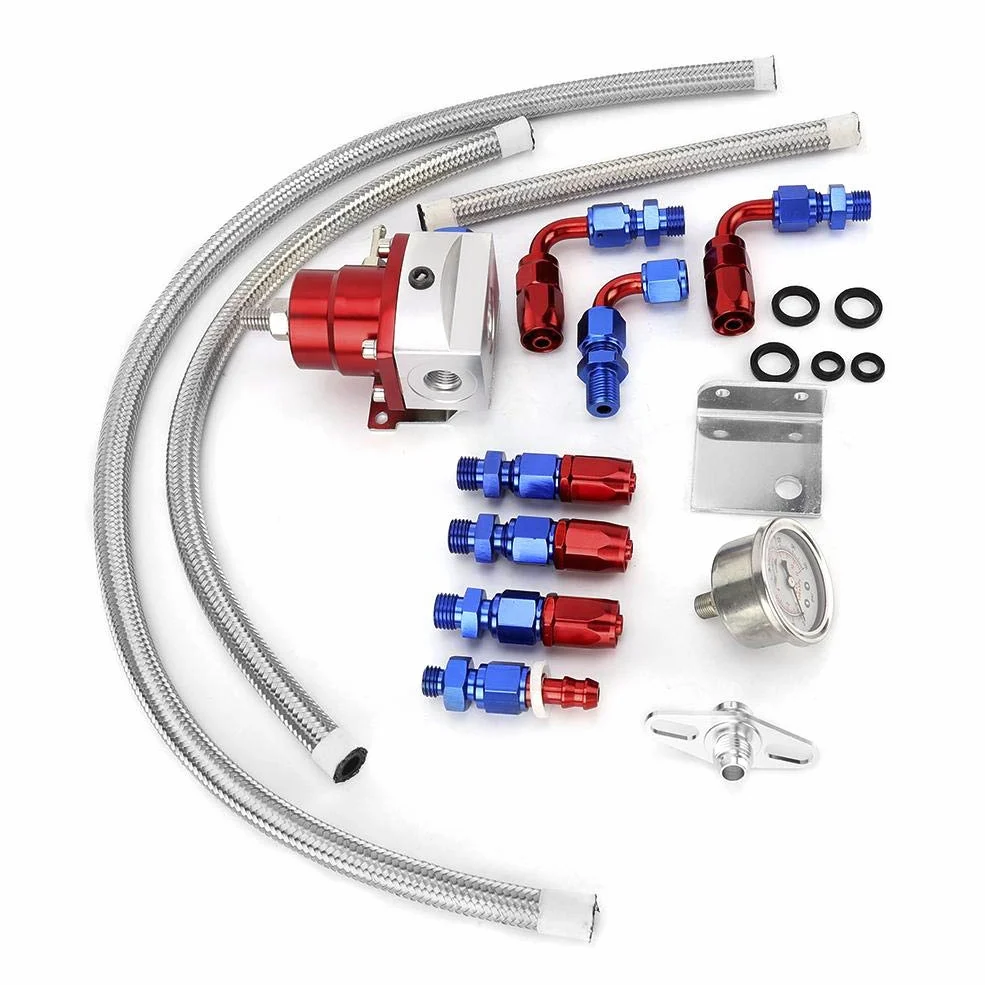 Regulador de combustible Qiilu, kit regulador de presión de combustible de coche ajustable universal de acero inoxidable 304 con manómetro 100PSI(Rojo + plata)