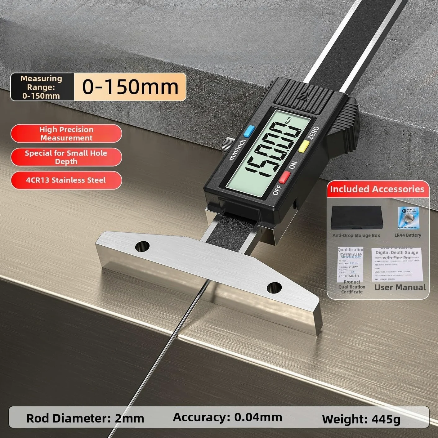 Medidor de profundidad de acero inoxidable 4CR13 herramienta resistente al desgaste (0-150 mm) | LCD de resolución de 0.01mm, cuerpo de acero inoxidable, lectura precisa de profundidad, herramienta de grado industrial