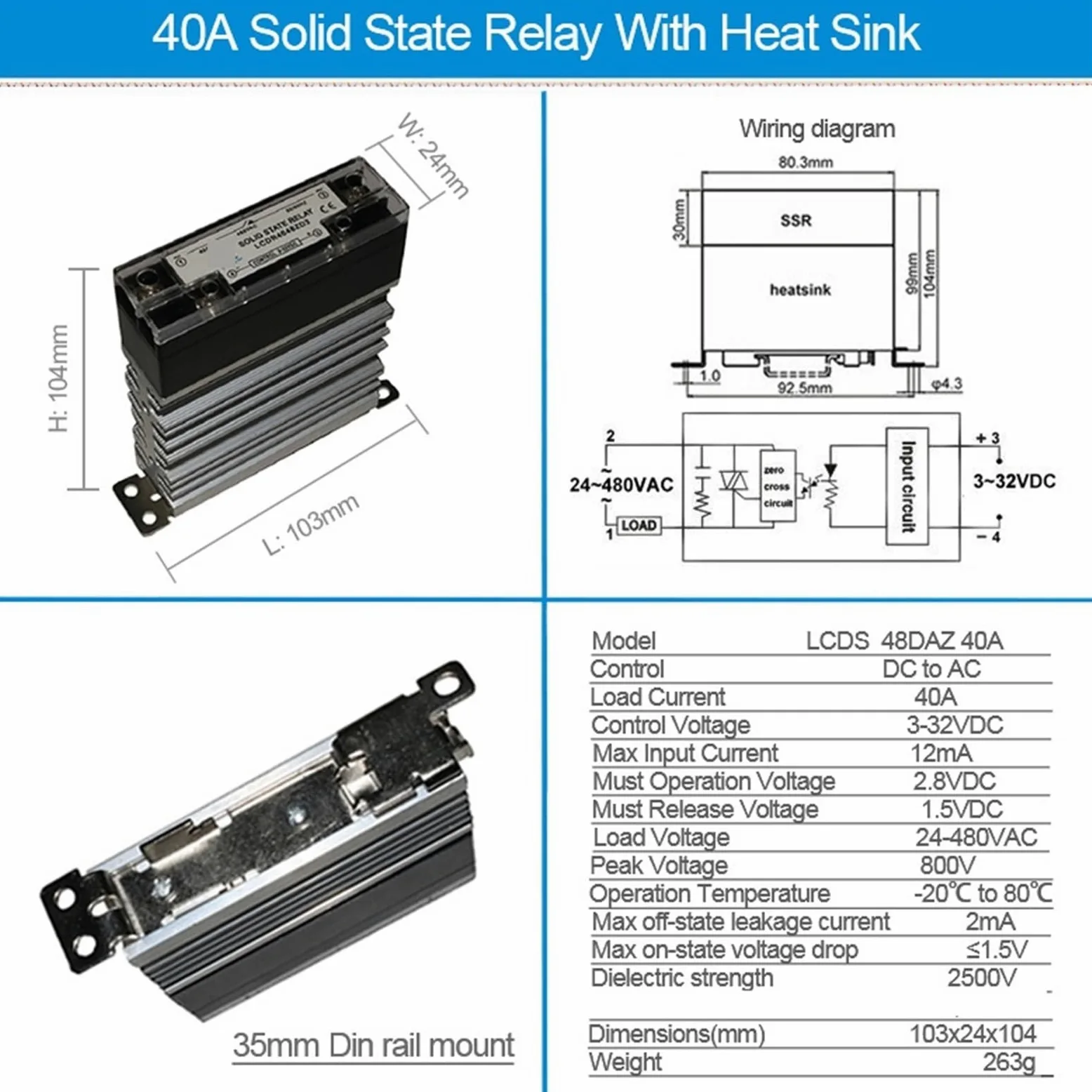 Relé Industrial SSR con disipador de calor, relé de estado sólido montado en Riel DIN, CC a CA, 10A, 25A, 40A, 60A, 80A, 100A, 120A, 1 Uds.(DC-AC 100A)