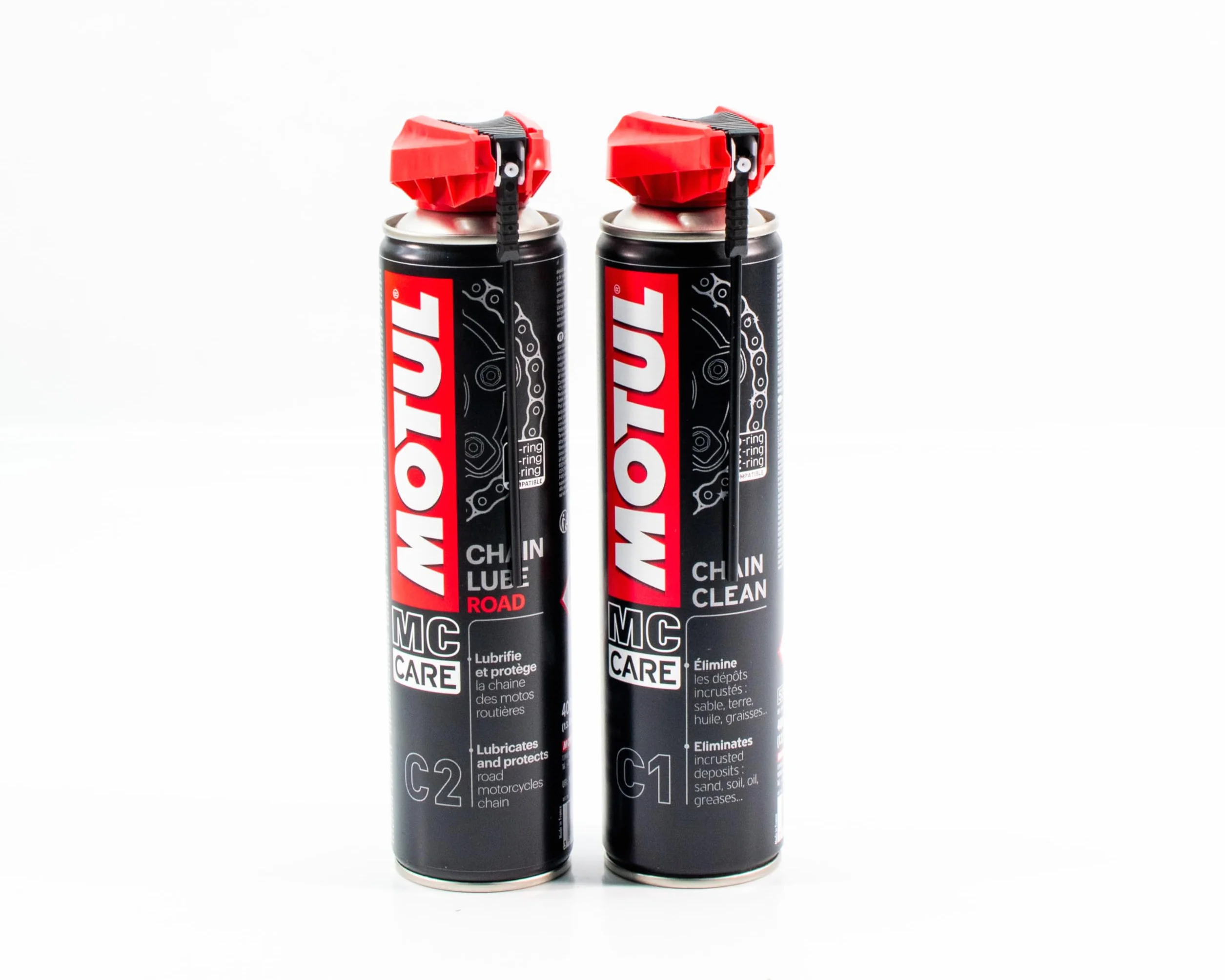 Gazoobike Pack de mantenimiento de cadena de moto MC Care, limpiador C1 400ml + lubricante C2 400ml con cepillo de limpieza, kit completo para cadena de moto
