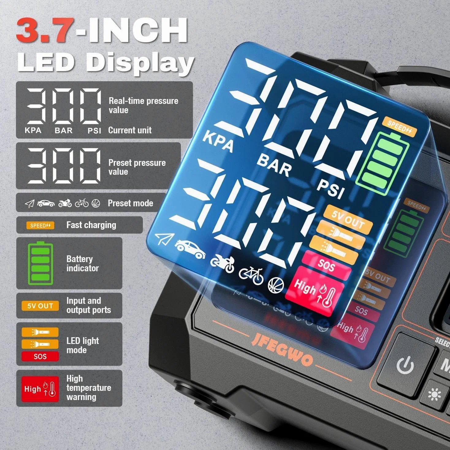 Inflador de neumáticos de coche, 300 PSI compresor de aire portátil, con pantalla digital y luz LED, adaptadores de boquilla, cable USB, para neumáticos de coche, bicicletas, botes de ramas